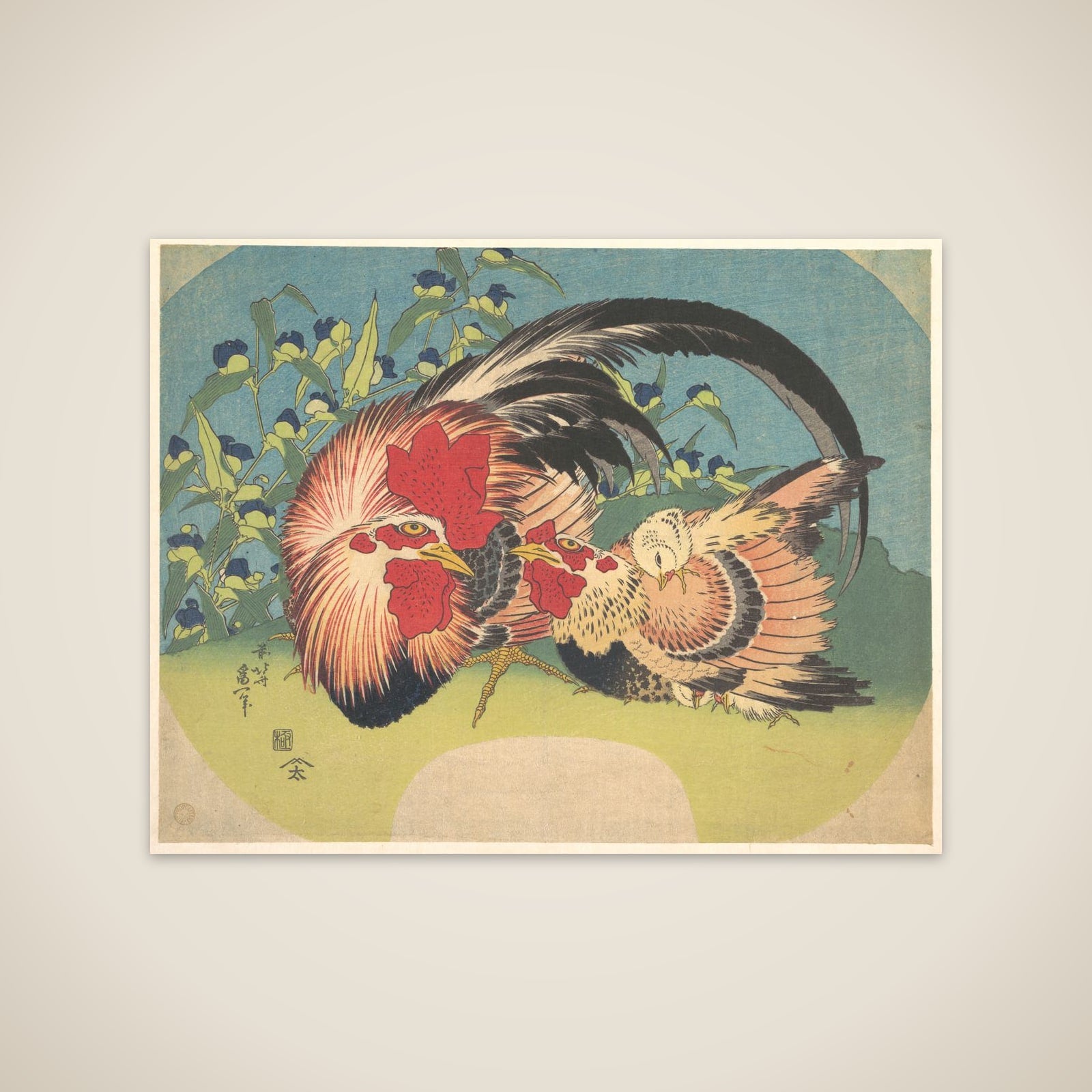Rooster, Hen and Chicken with Spiderwort unframed print