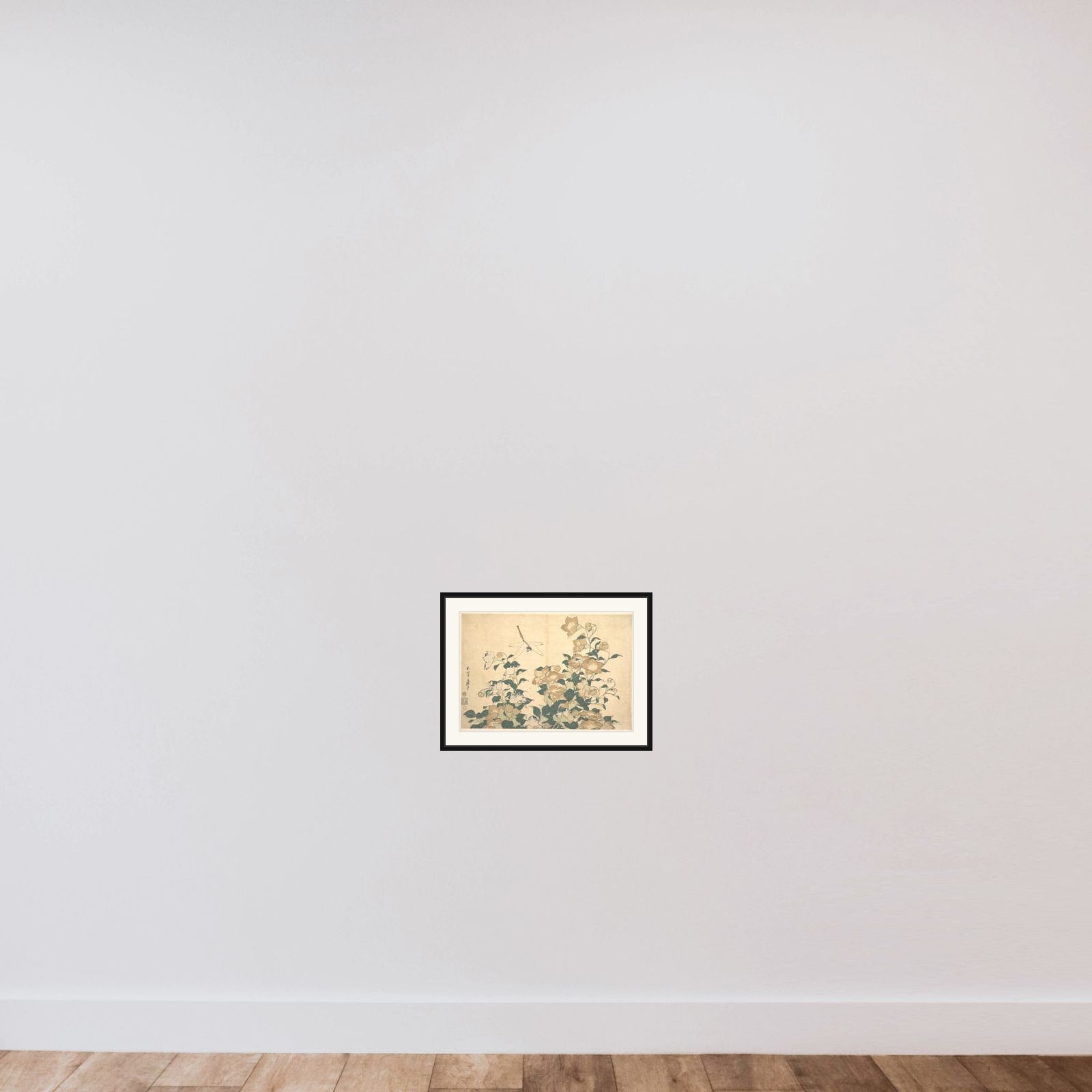 Dragonfly and Bellflower framed — shown to scale