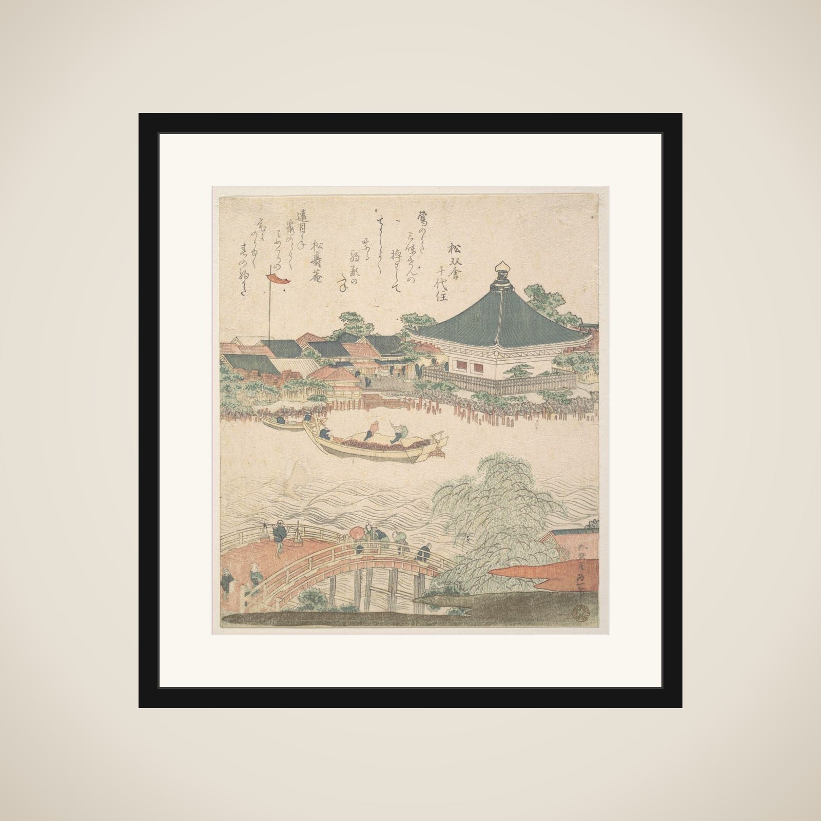 River Scene with Bridge in Foreground framed