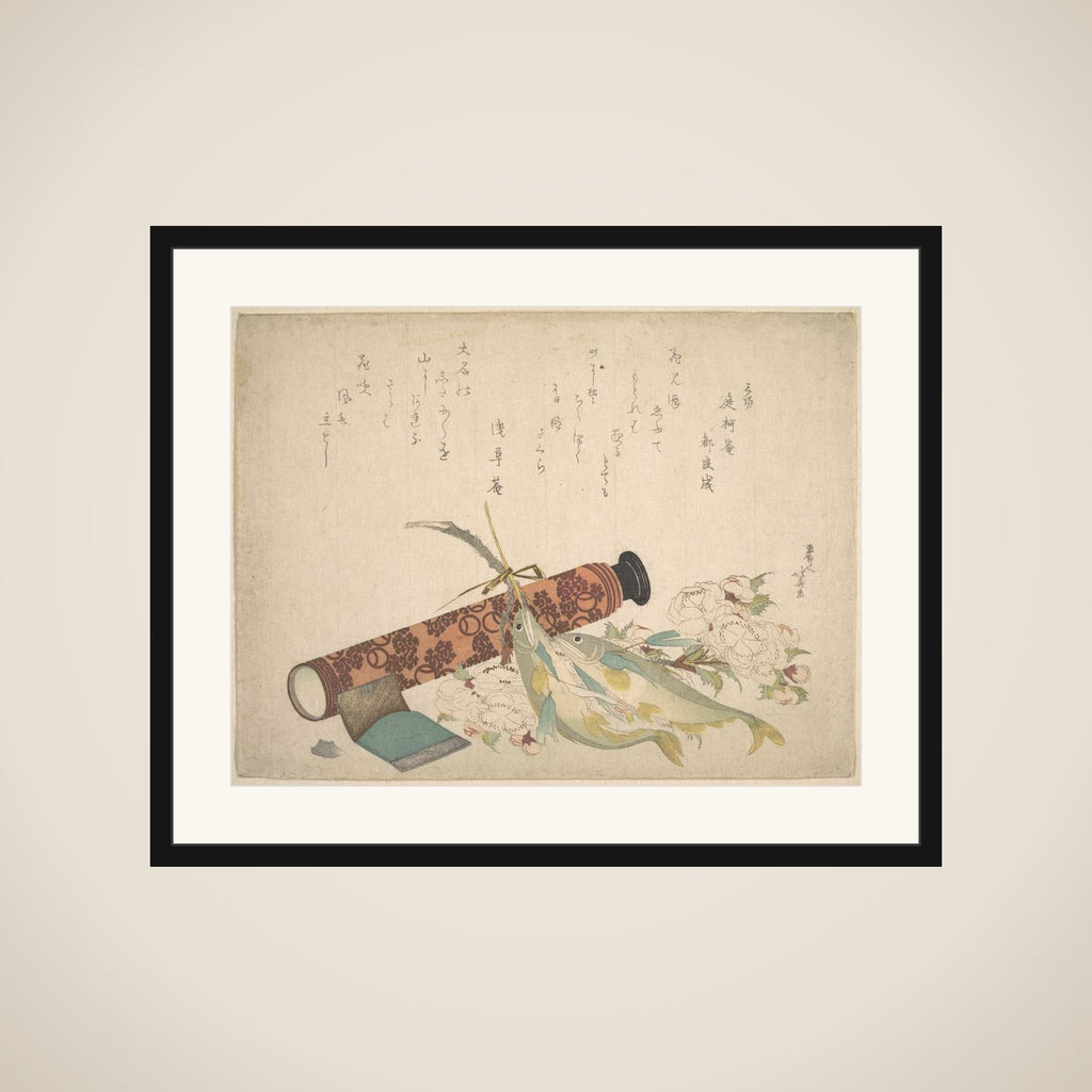 Still Life: Double Cherry-Blossom Branch, Telescope, Sweet Fish, and Tissue Case framed