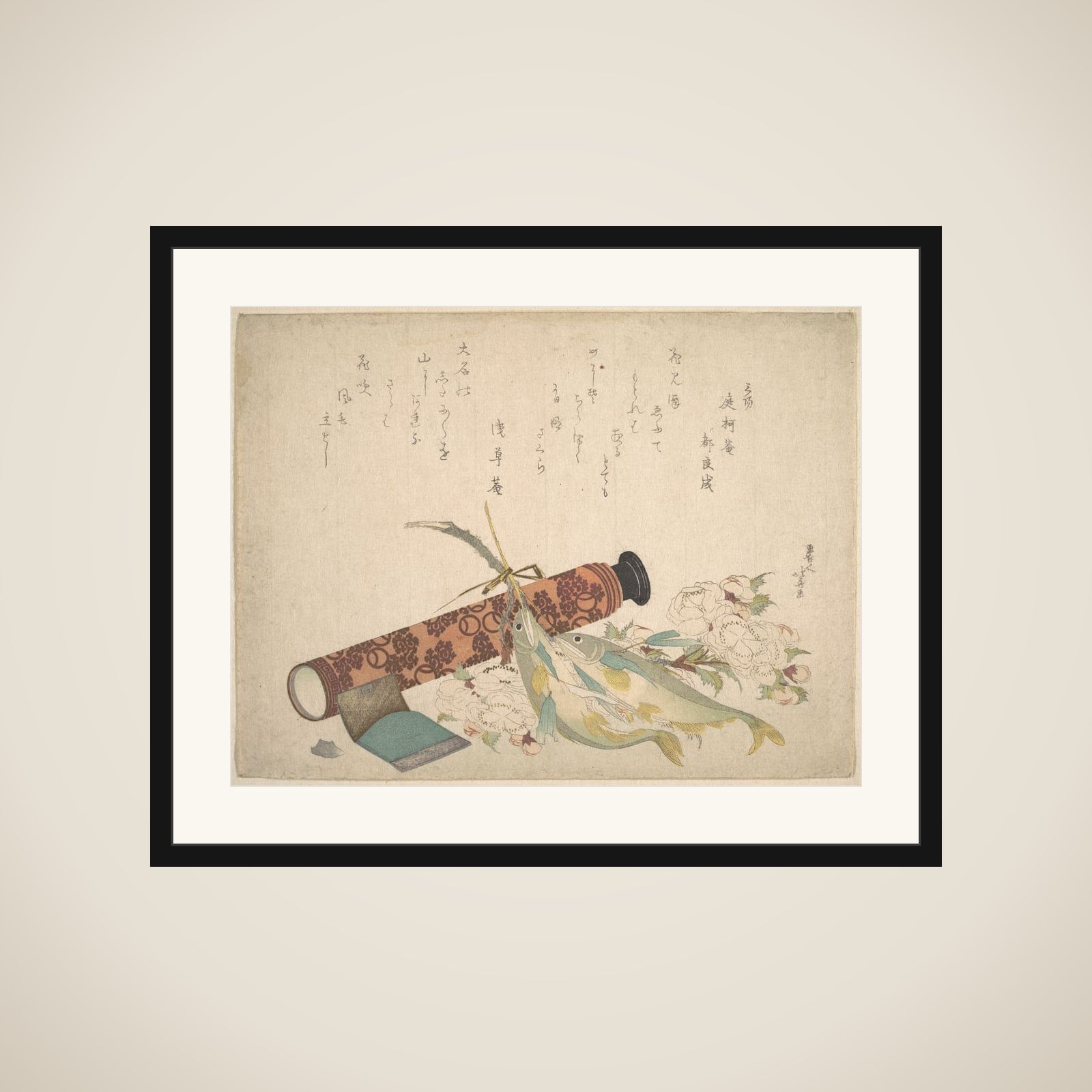 Still Life: Double Cherry-Blossom Branch, Telescope, Sweet Fish, and Tissue Case framed