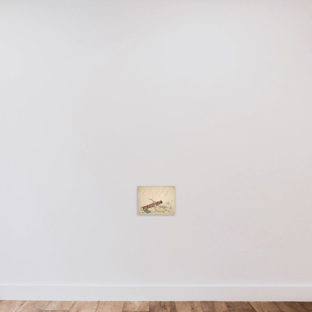 Still Life: Double Cherry-Blossom Branch, Telescope, Sweet Fish, and Tissue Case unframed — shown to scale