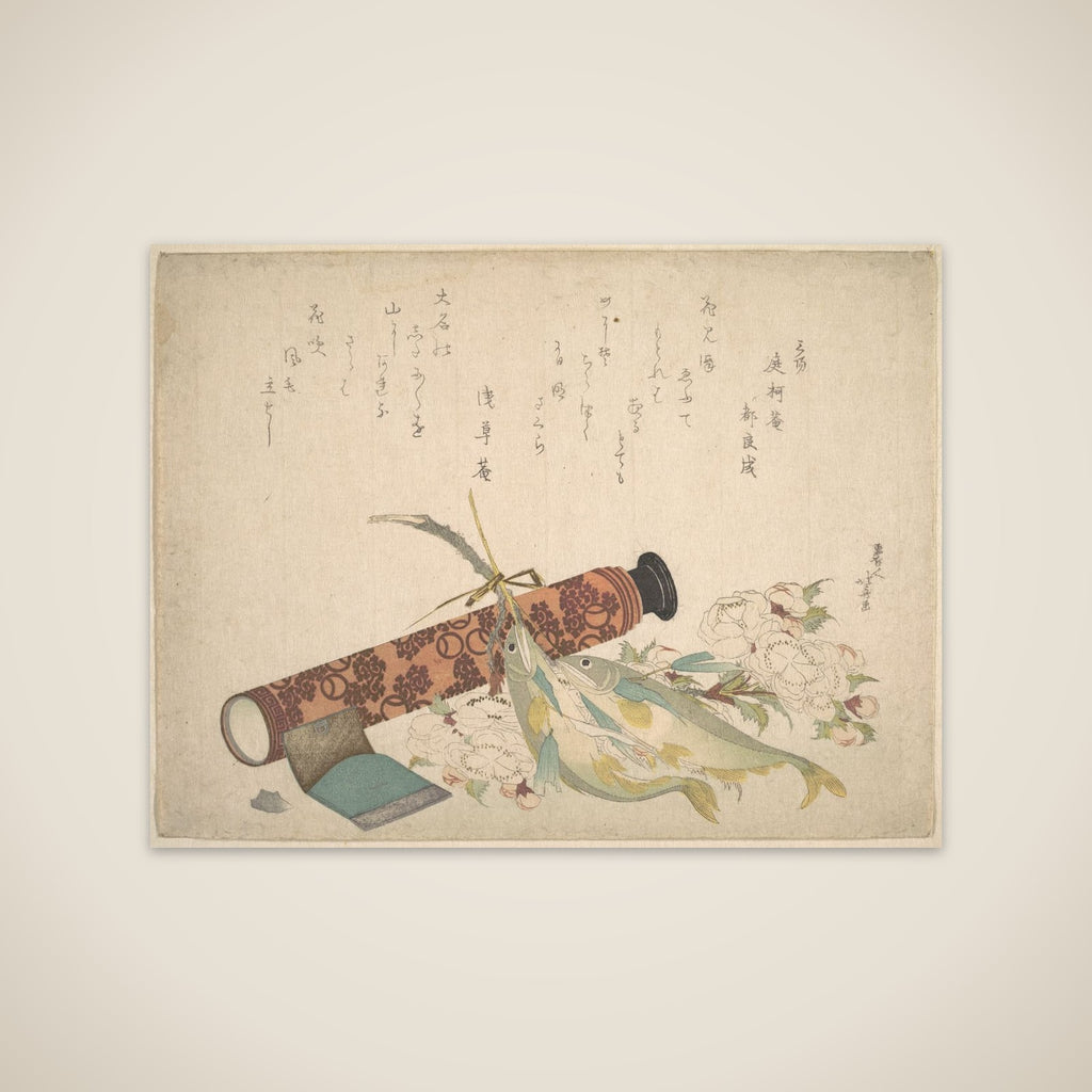 Still Life: Double Cherry-Blossom Branch, Telescope, Sweet Fish, and Tissue Case unframed print