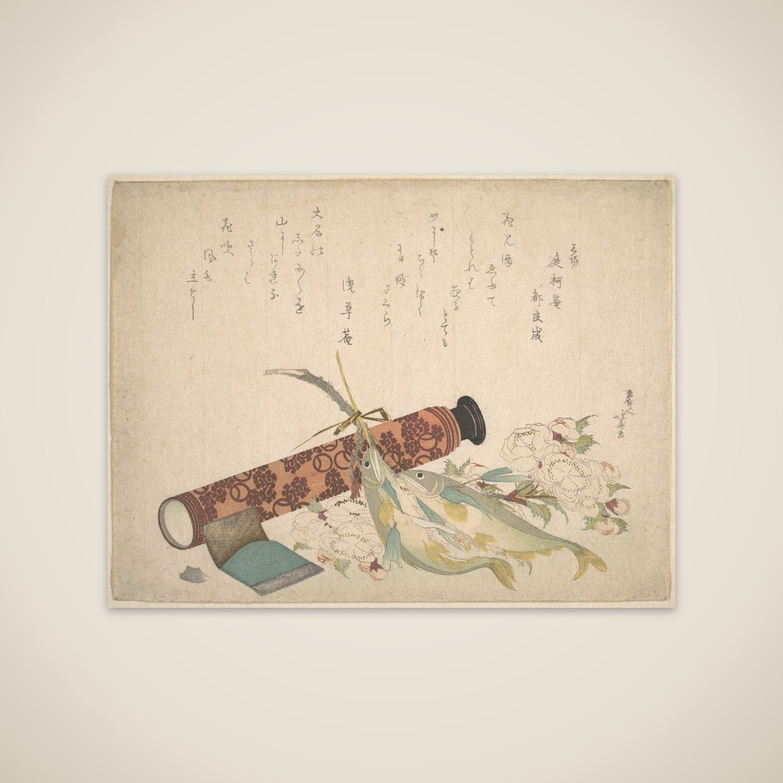 Still Life: Double Cherry-Blossom Branch, Telescope, Sweet Fish, and Tissue Case unframed print