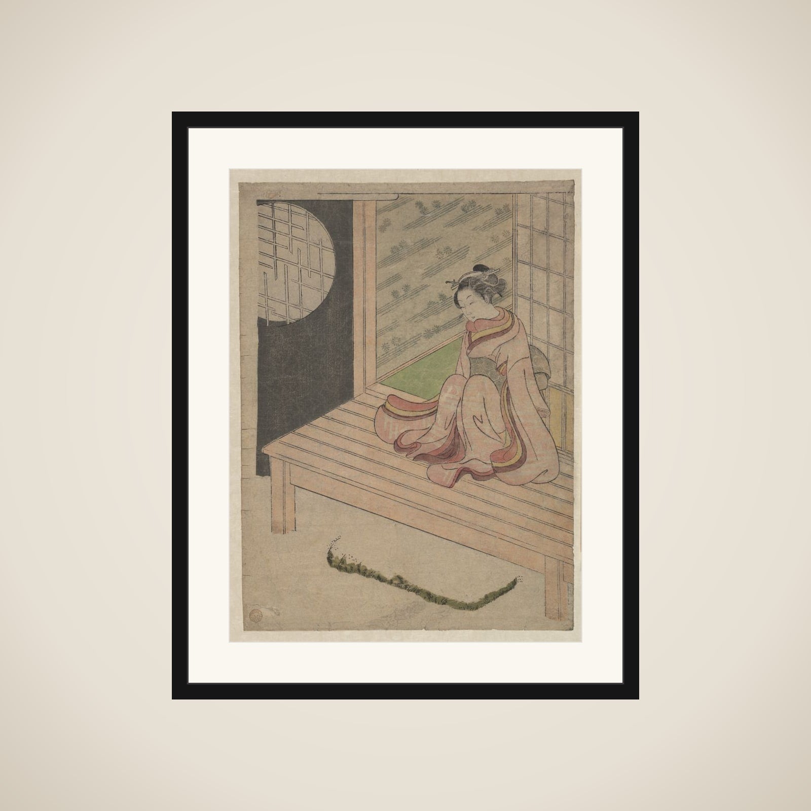 A Young Woman Seated upon the Engawa of a House framed