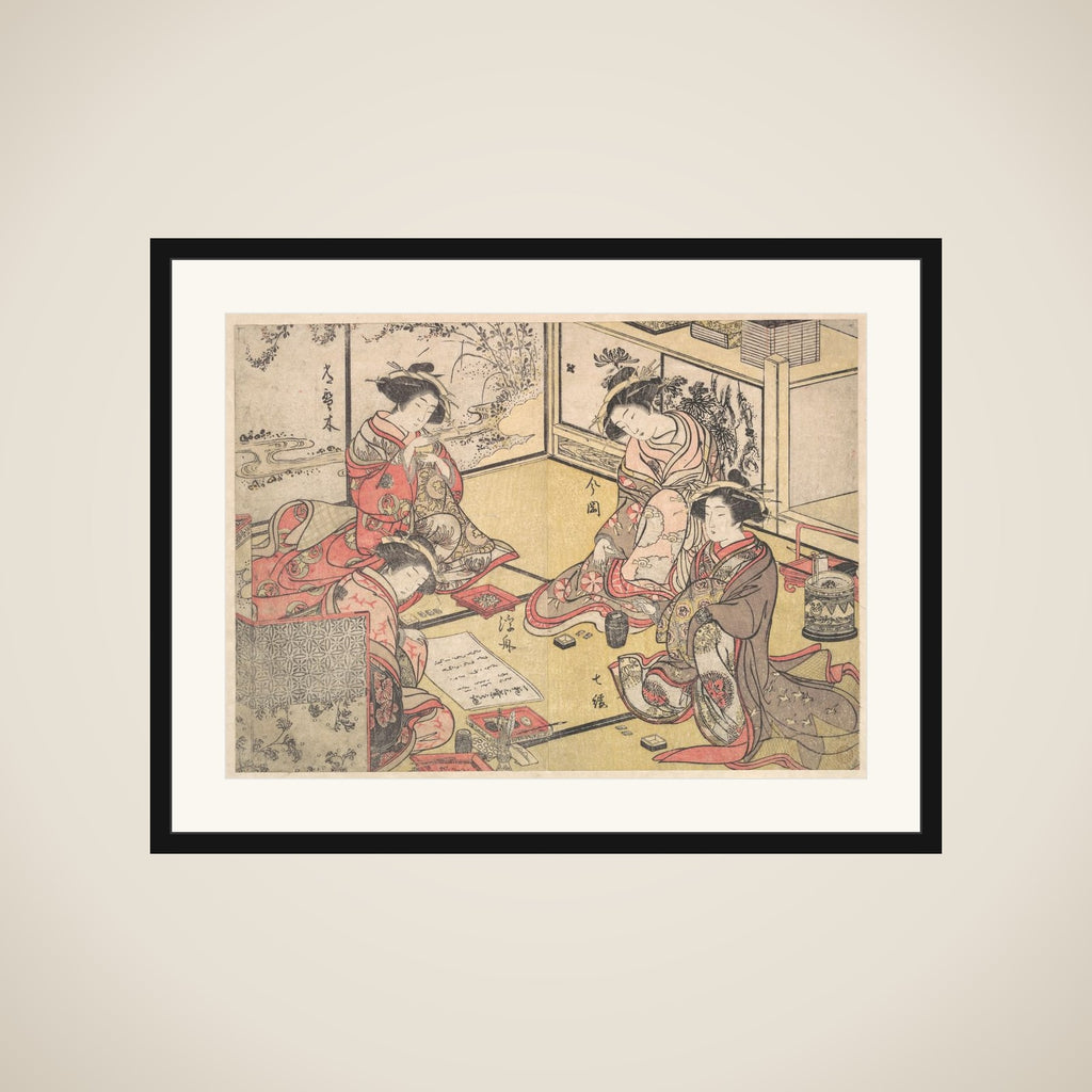 Four Oiran of the House Called Kadokana-ya Playing the Game of Ko-awase (Incense Game) framed
