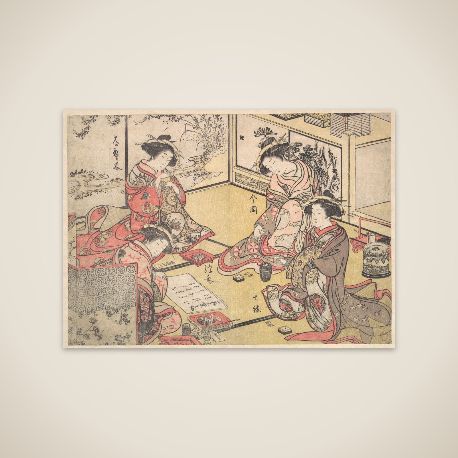 Four Oiran of the House Called Kadokana-ya Playing the Game of Ko-awase (Incense Game) unframed print