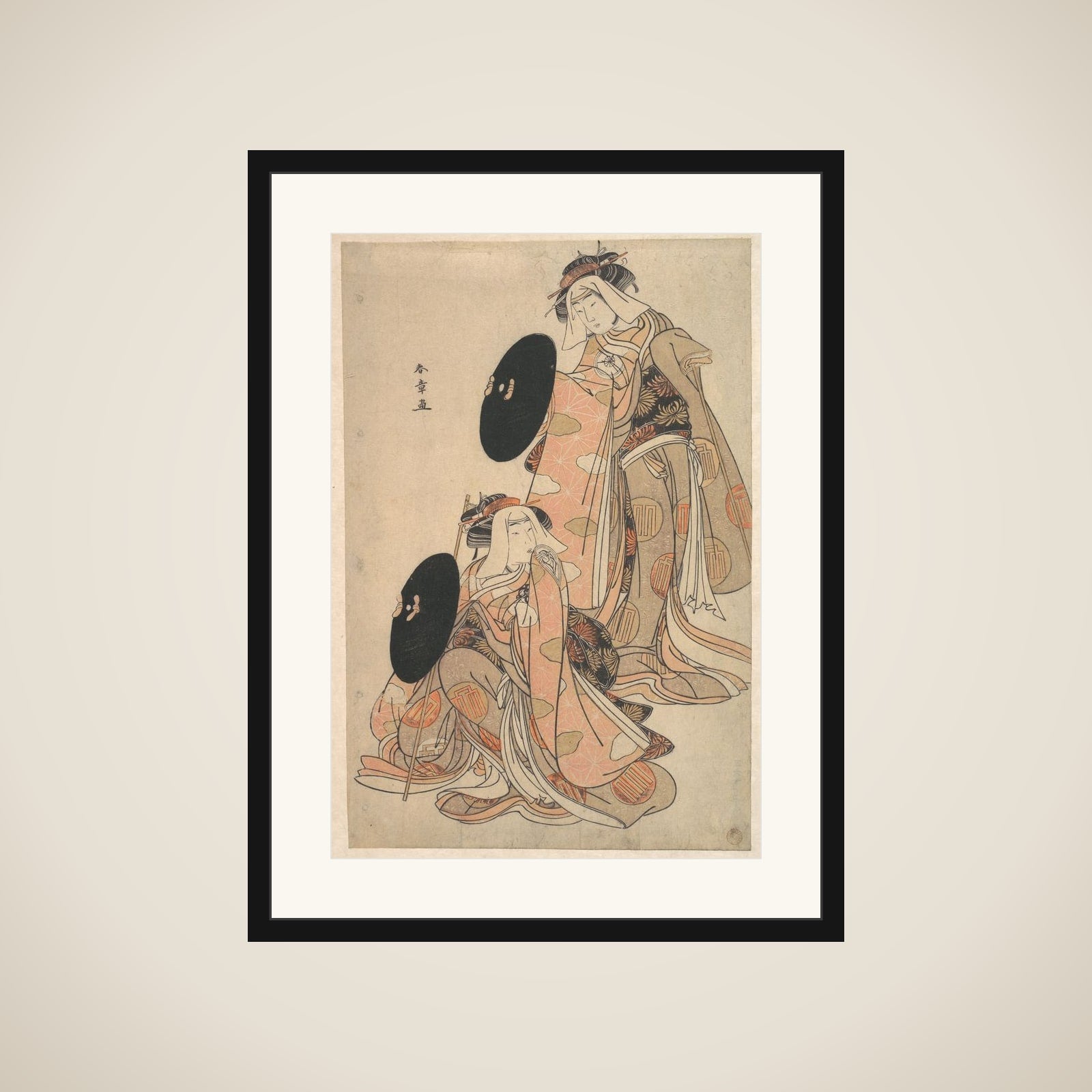 The Actors IV Iwai Hanshiro and I Bando Mitsugoro as Women Pilgrime in a shosa (Acting and Dancing) Performance framed
