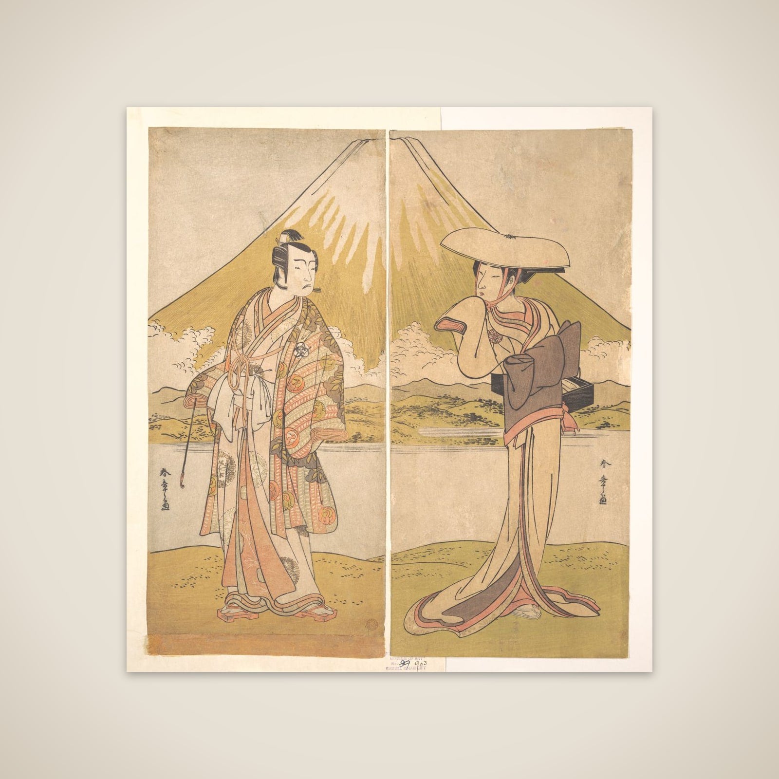 The Actor Bando Mitsugoro as a Man in Sumptuous Raiment, Standing in a Field, Mount Fuji in the Background unframed print
