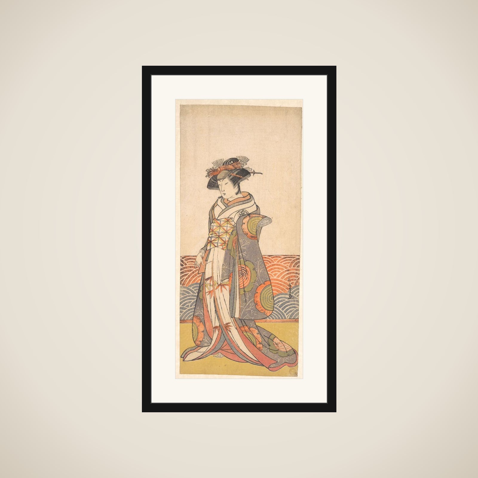 The Third Segawa Kikunojo as a Woman Standing in a Room Having a Wave-pattern Dado framed