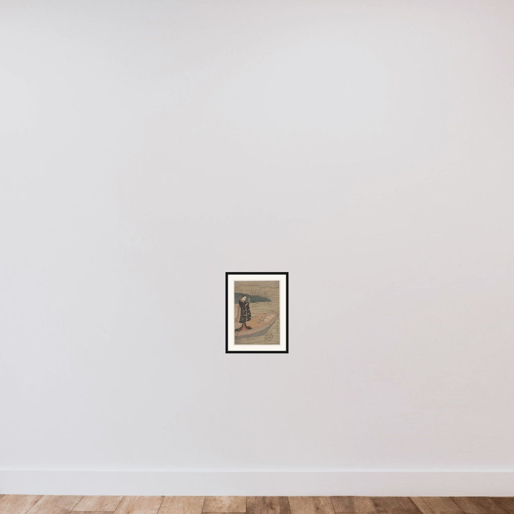 Daruma in a Boat with an Attendant framed — shown to scale