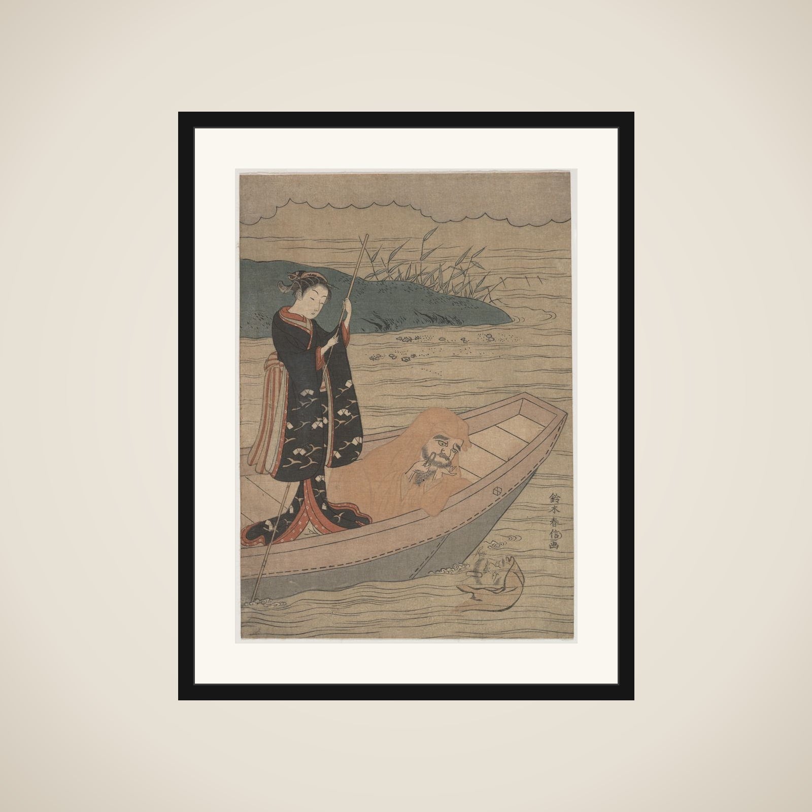 Daruma in a Boat with an Attendant framed