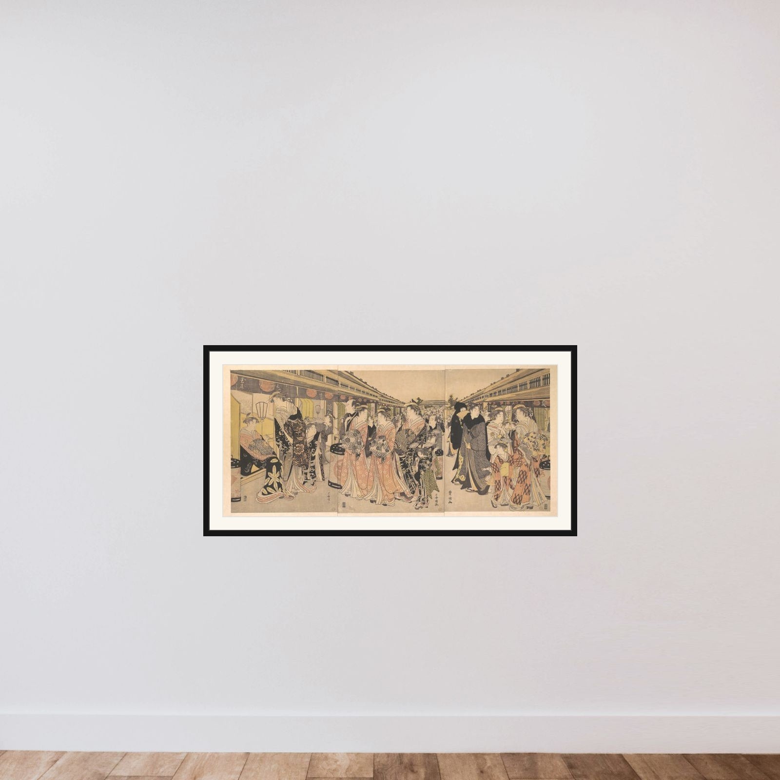 Courtesans Promenading on the Nakanochō in Yoshiwara framed — shown to scale