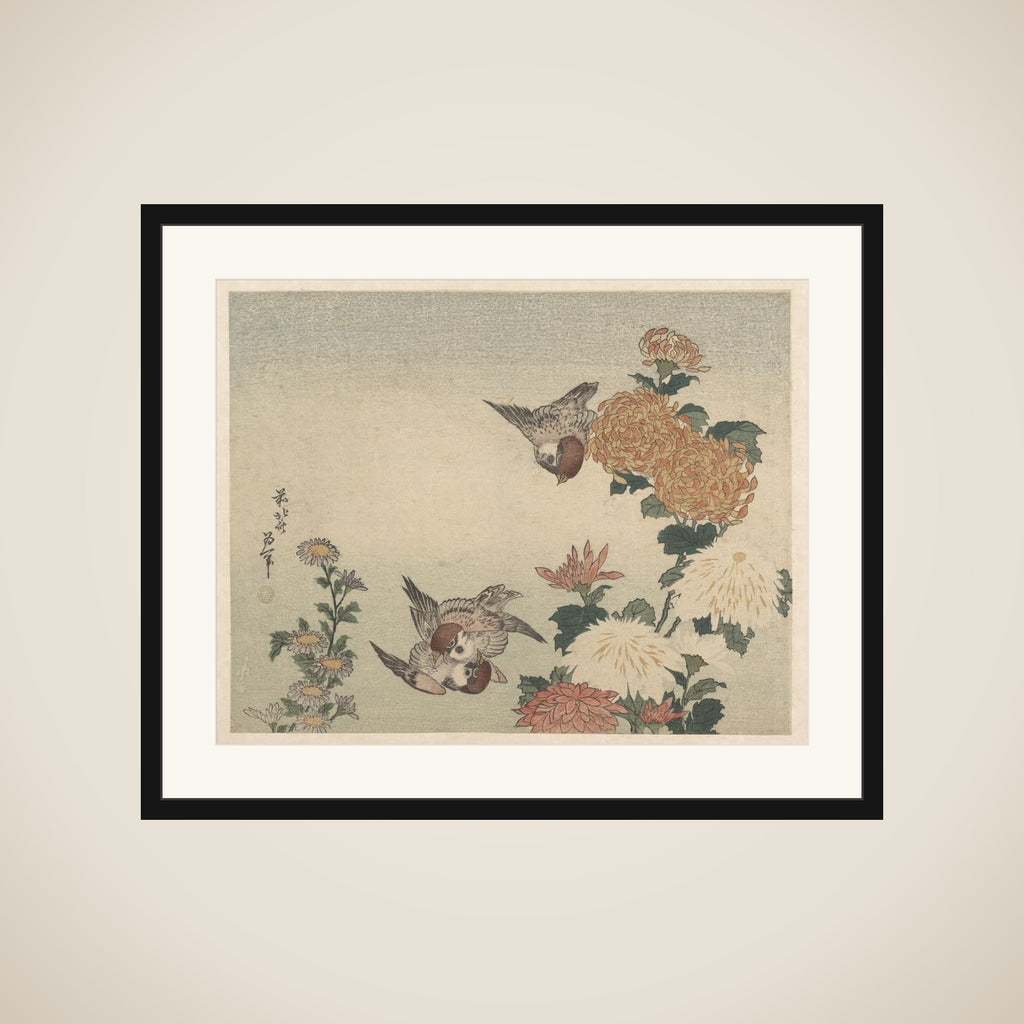 Sparrows and Chrysanthemums framed