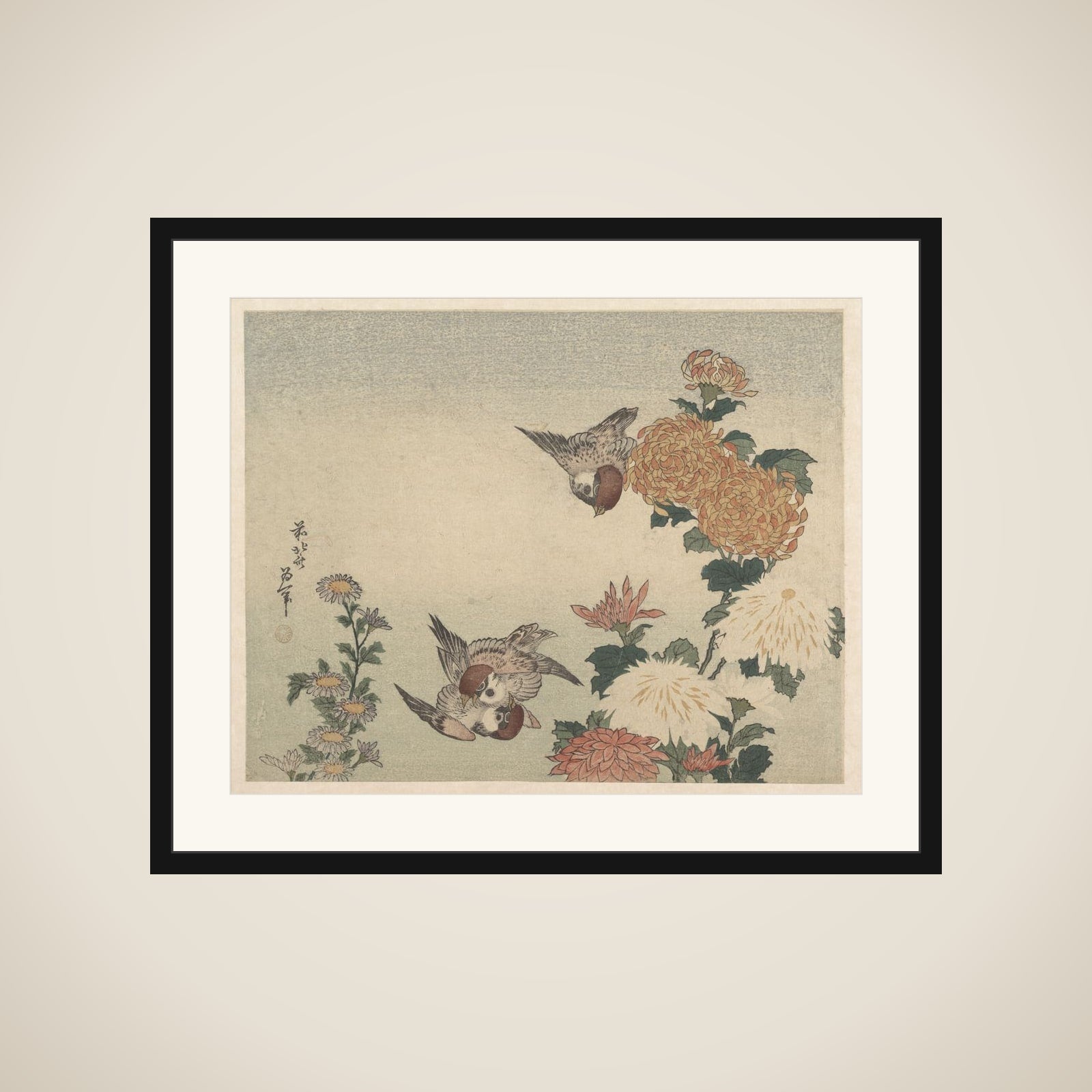 Sparrows and Chrysanthemums framed