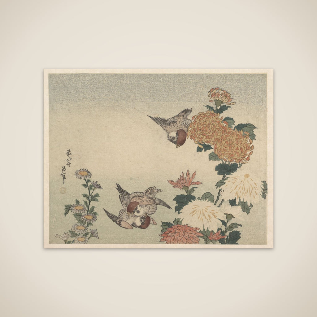 Sparrows and Chrysanthemums unframed print