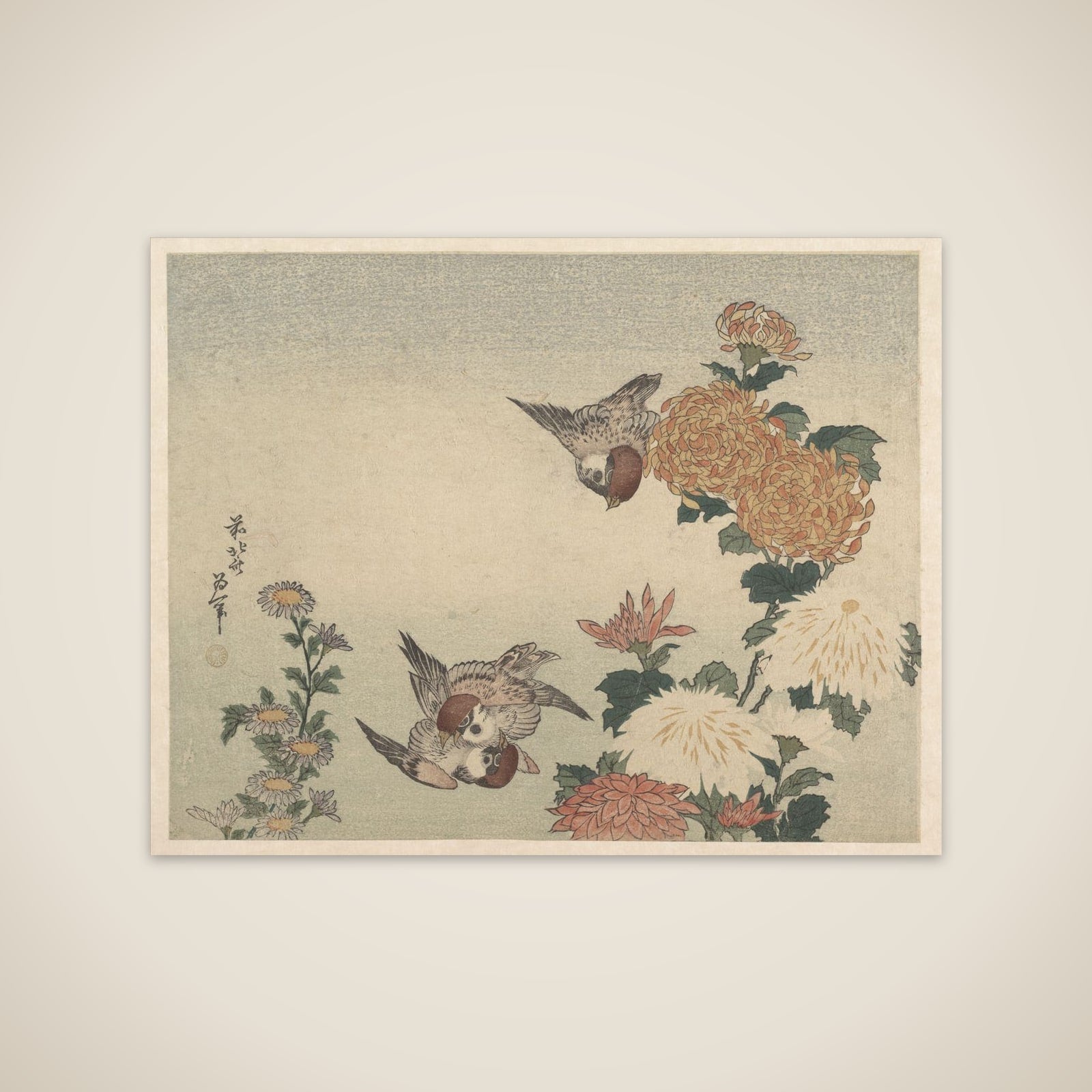 Sparrows and Chrysanthemums unframed print