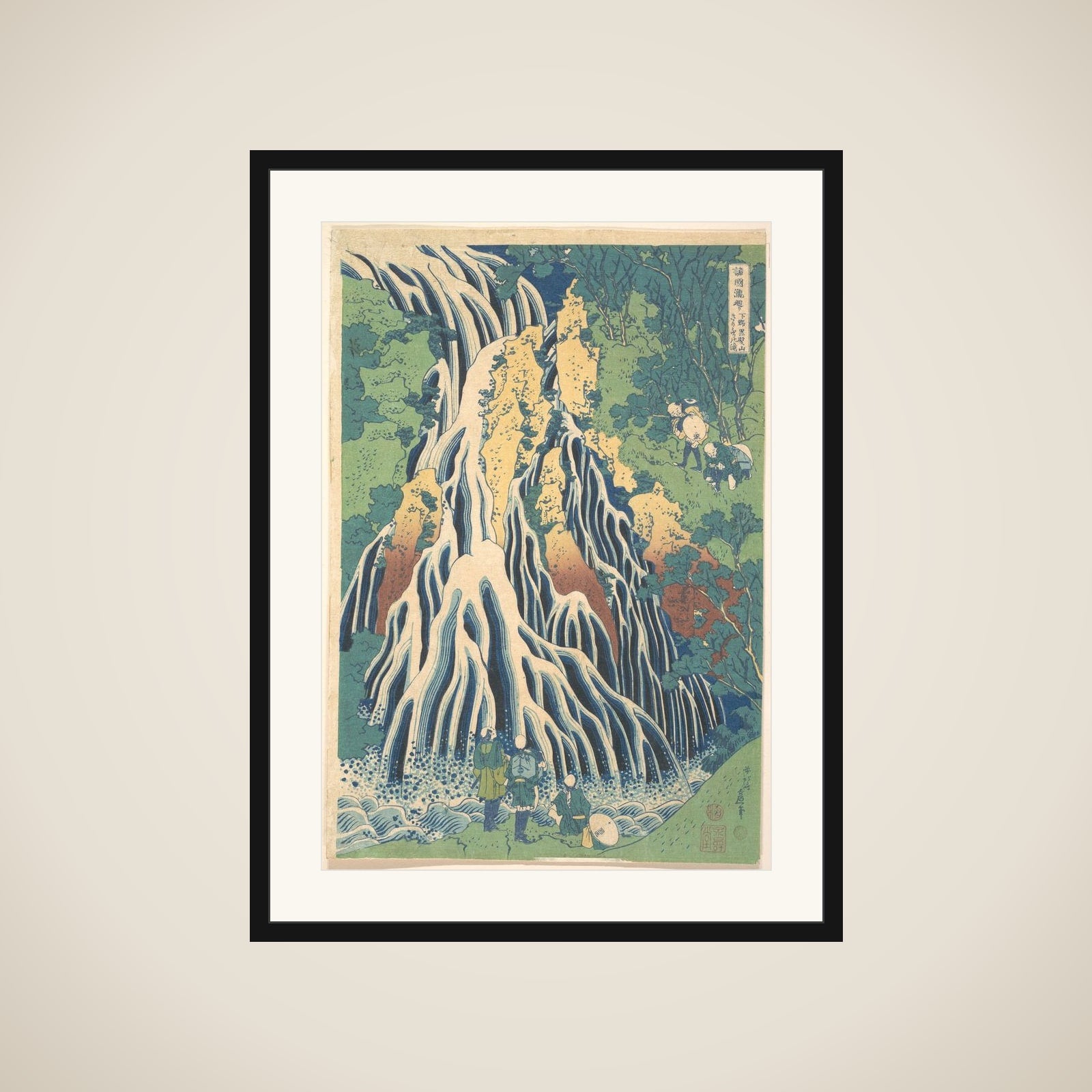 Kirifuri Waterfall at Kurokami Mountain in Shimotsuke (Shimotsuke Kurokamiyama Kirifuri no taki), from the series A Tour of Waterfalls in Various Provinces (Shokoku taki meguri) framed