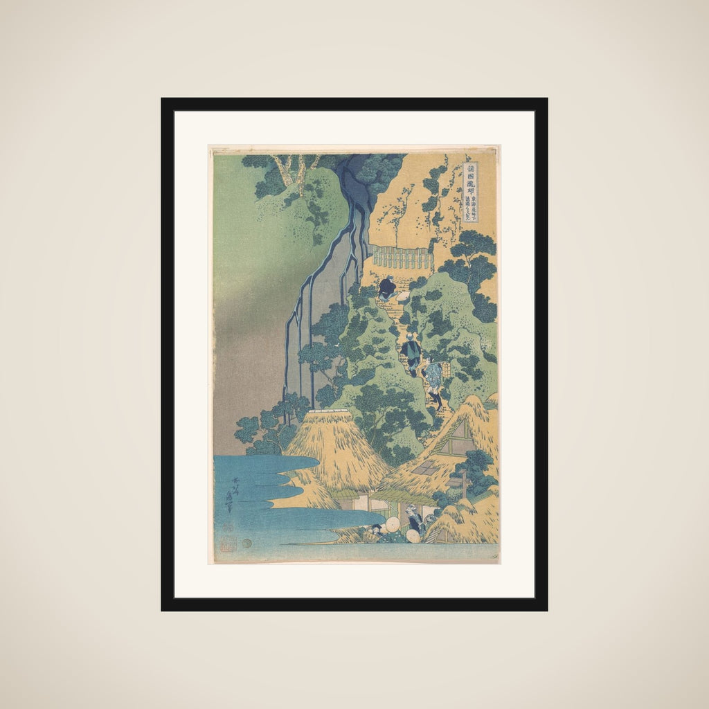 Kiyotaki Kannon Waterfall at Sakanoshita on the Tōkaidō (Tōkaidō Sakanoshita Kiyotaki kannon), from the series A Tour of Waterfalls in Various Provinces (Shokoku taki meguri) framed