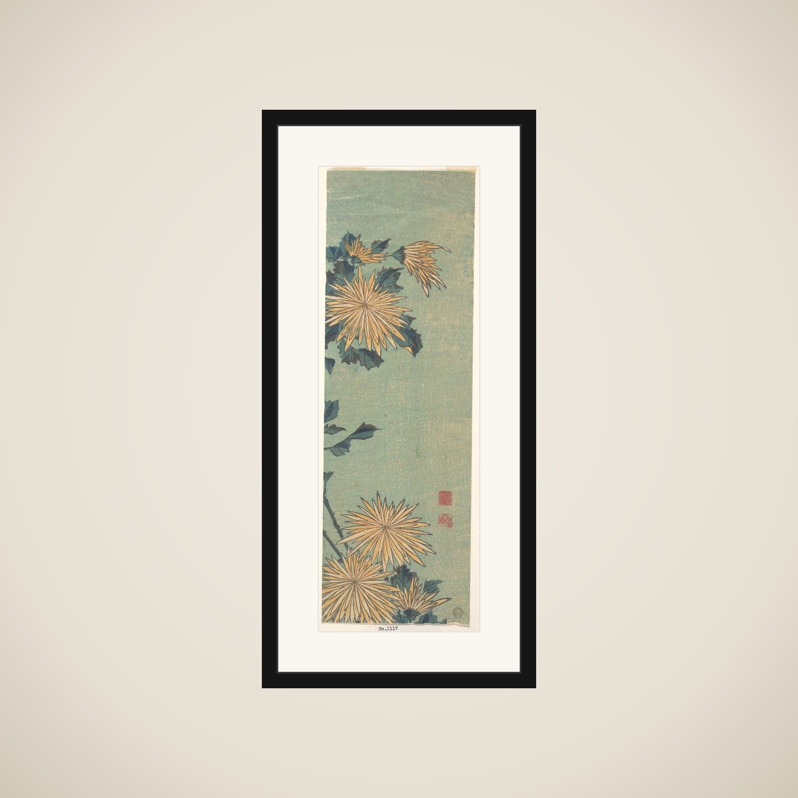 Yellow Chrysanthemums on a Blue Ground framed