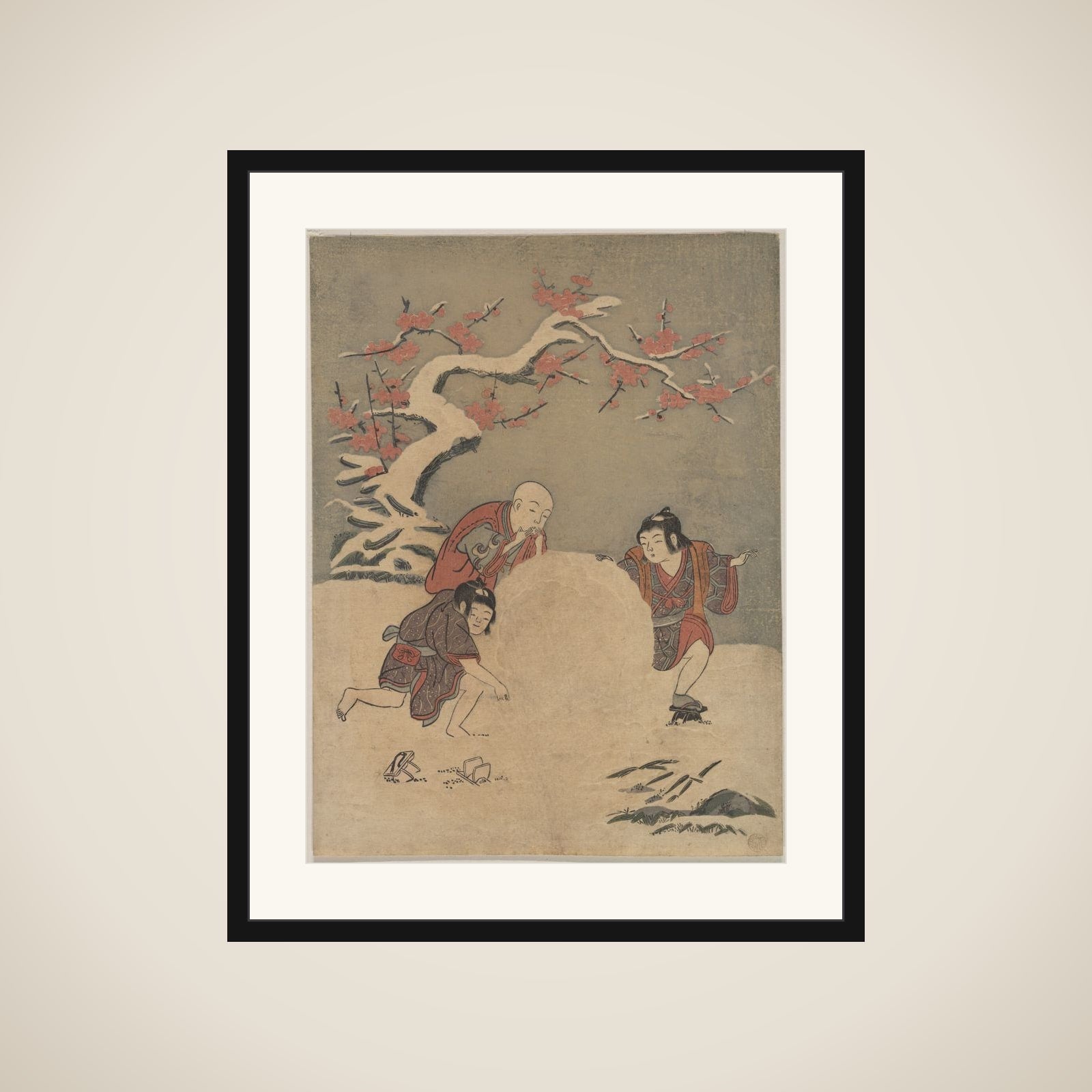 Three Boys Making a Snowman framed