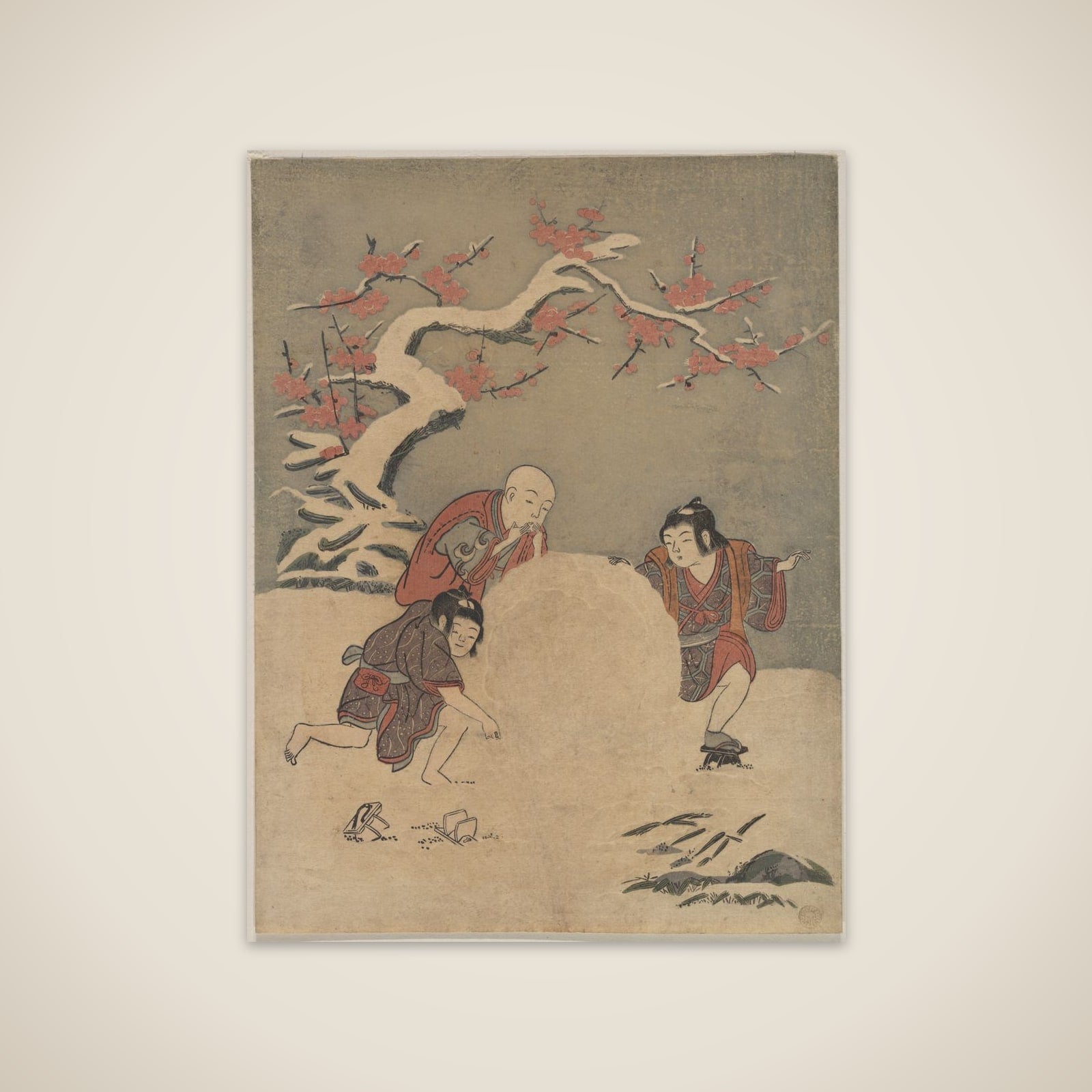 Three Boys Making a Snowman unframed print