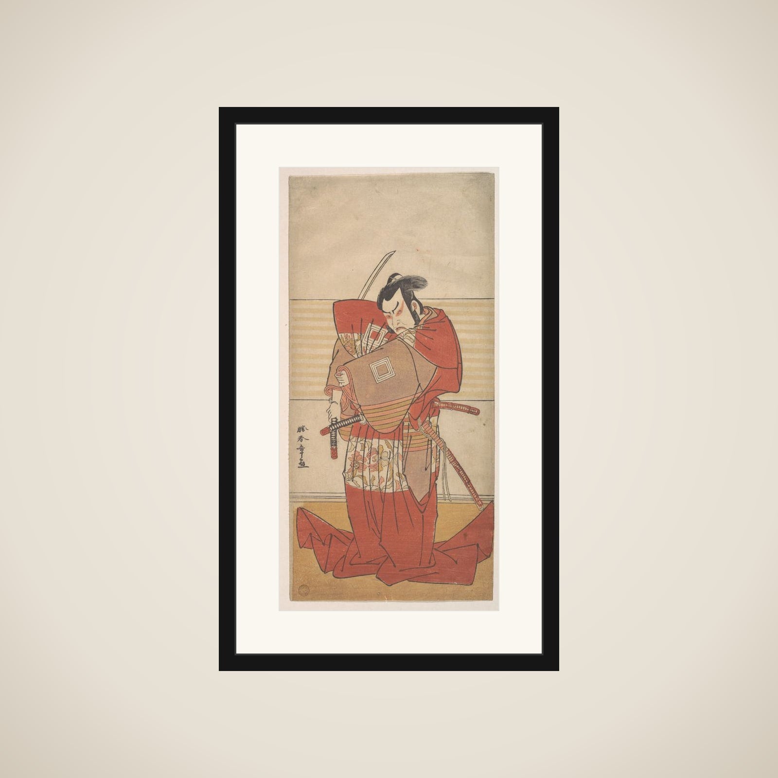 The Actor Ishikawa Danjuro V Performing a Shibaroku Act with a Drawn Sword in His Hand framed