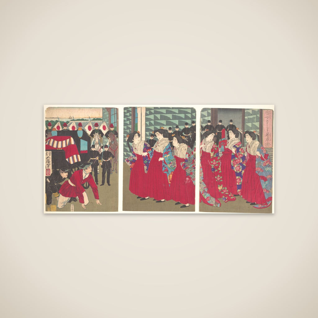 Illustration of Ladies-in-waiting boarding at a station (Kanjo sutēshon chakusha zu) unframed print