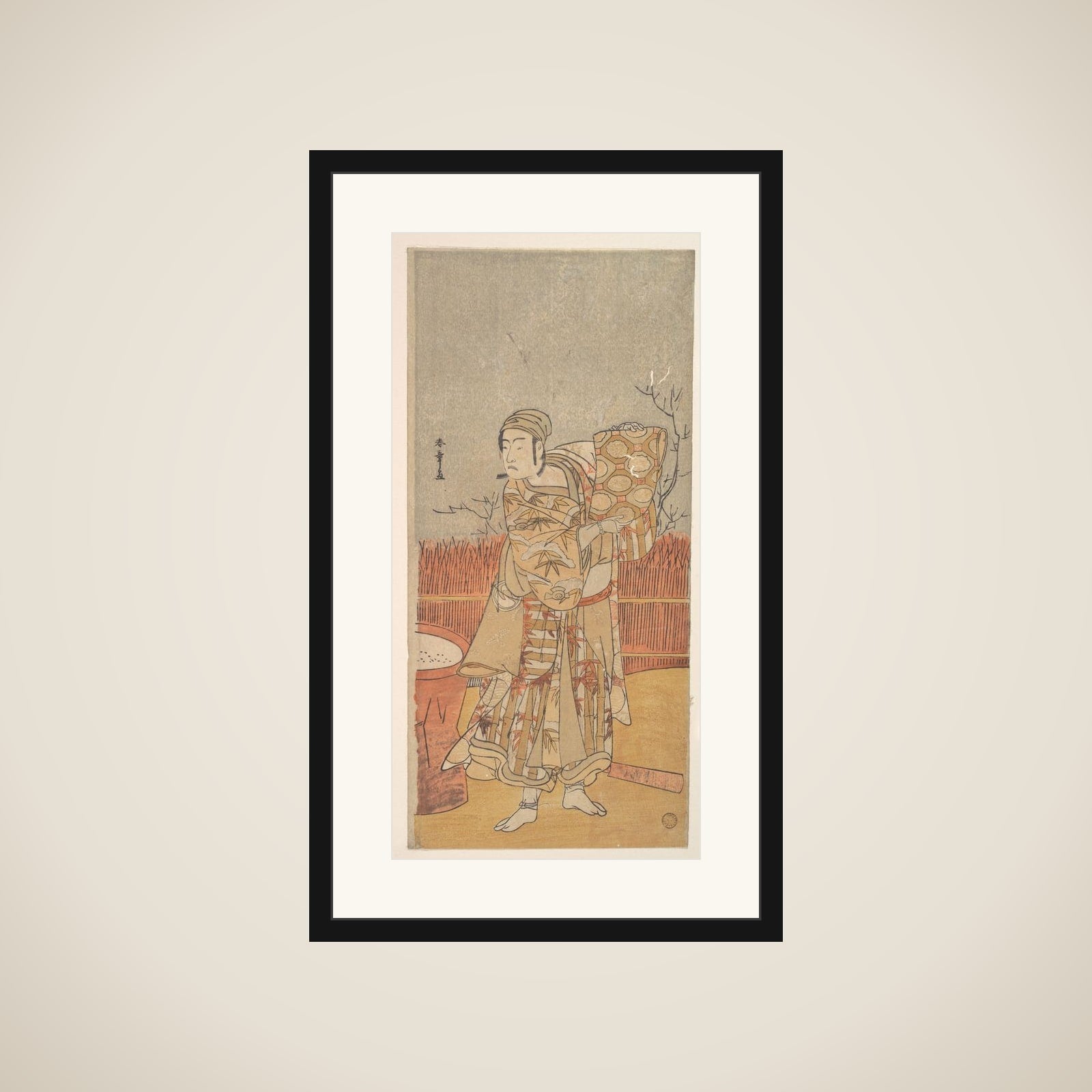 The Actor Sawamura Sojuro III Holding up a Piece of Brocade framed