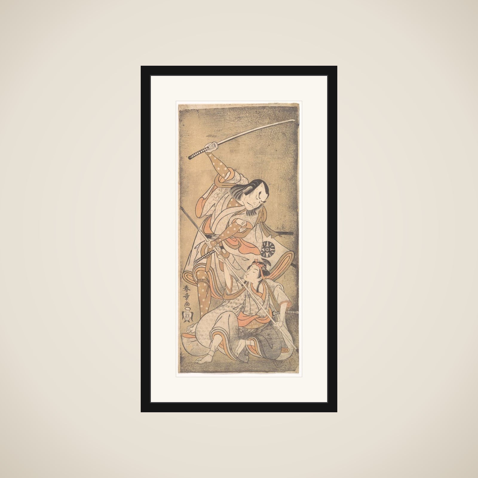 The Actor Nakamura Nakazo with a Sword, Fighting the Actor Ichikawa Raizo II who is Armed with a Lance framed