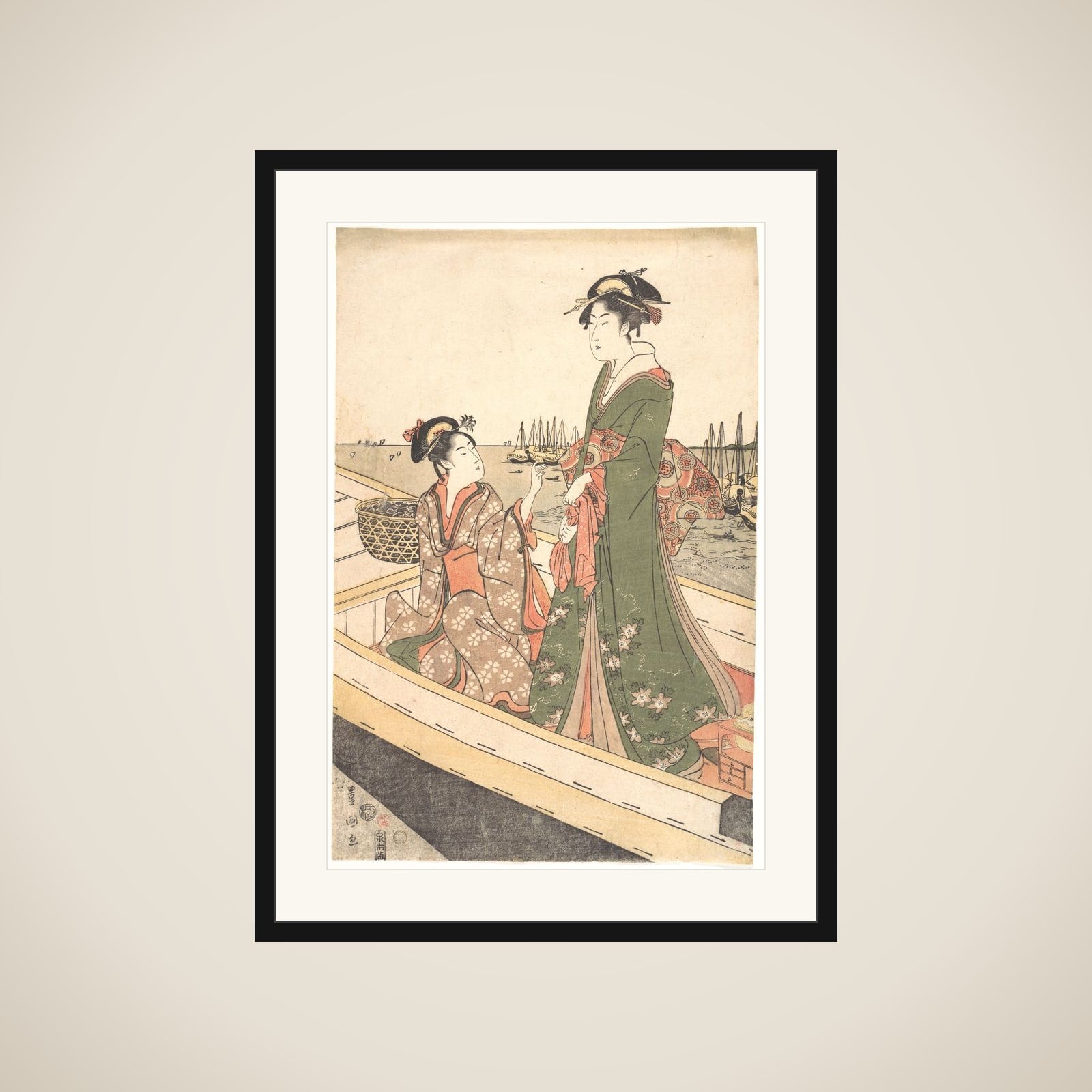 Two Women in a Boat; One  Holding a Basket of Mussels framed