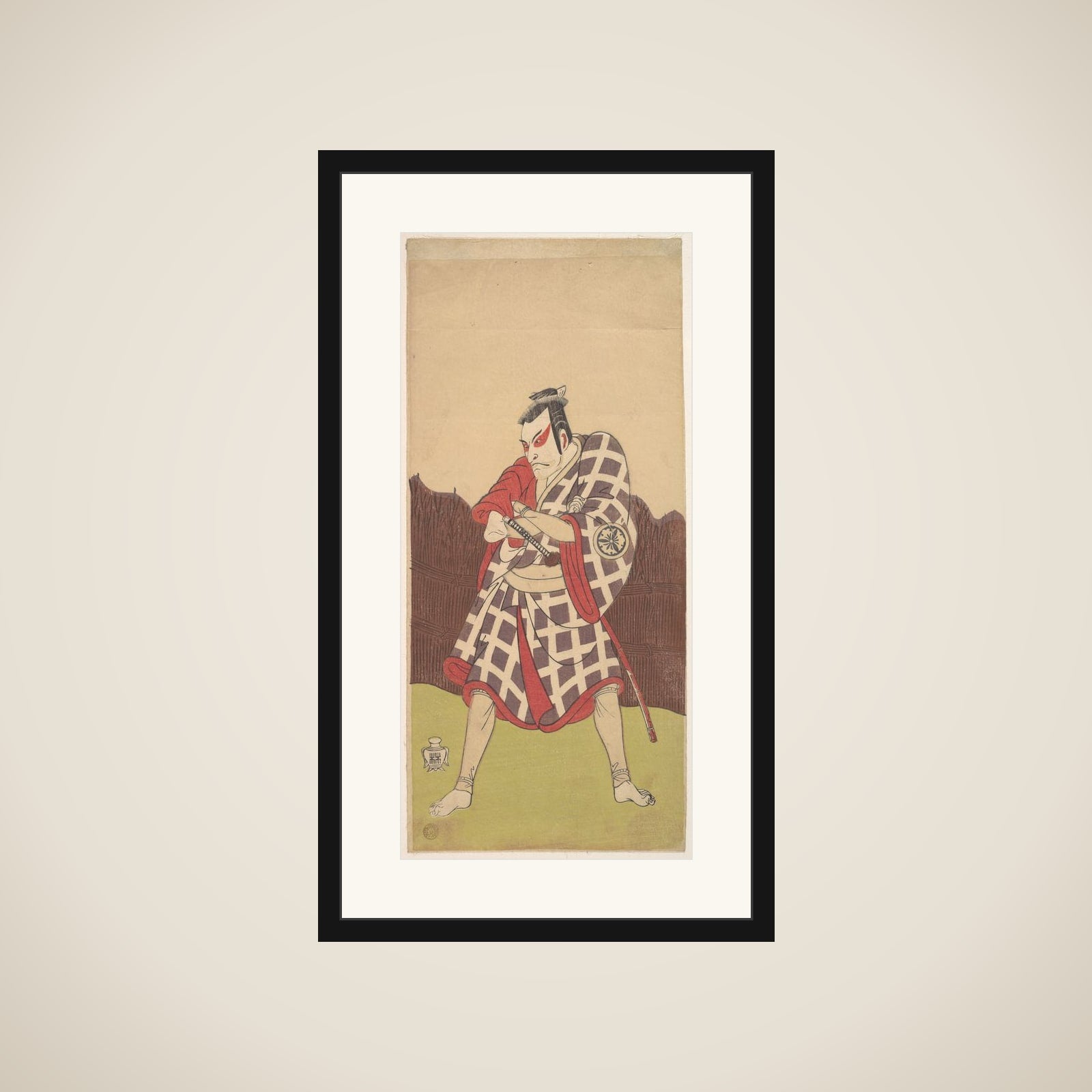 The Actor Matsumoto Koshiro 3rd as a Man who Stands with Arms Folded near a Brush Fence framed