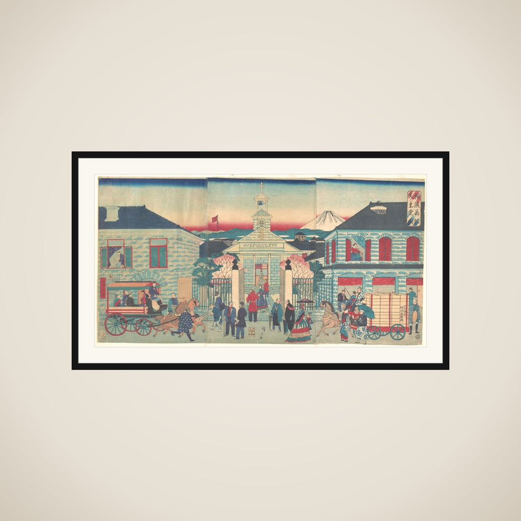 Illustration of Foreign Residences and the Catholic Church in Yokohama (Yokohama shōkan tenshudō no zu) framed