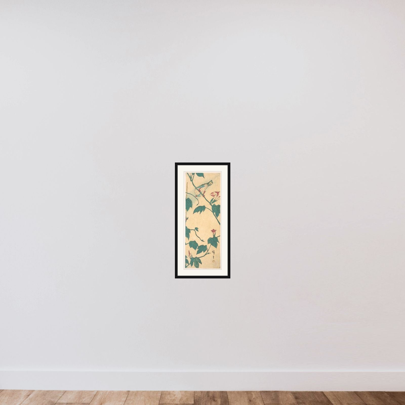 Morning Glories and Bird framed — shown to scale