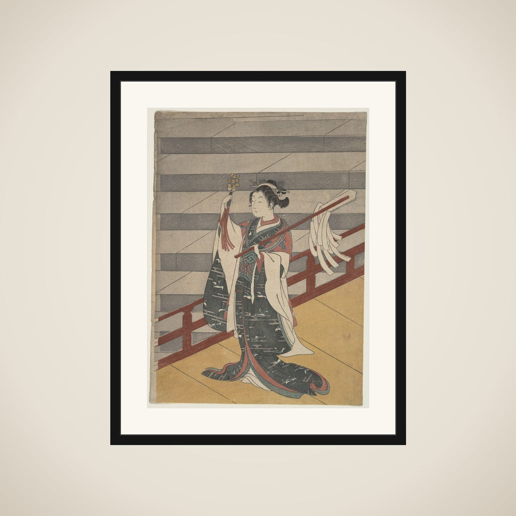 Girl on Balcony above Stone Stairway framed