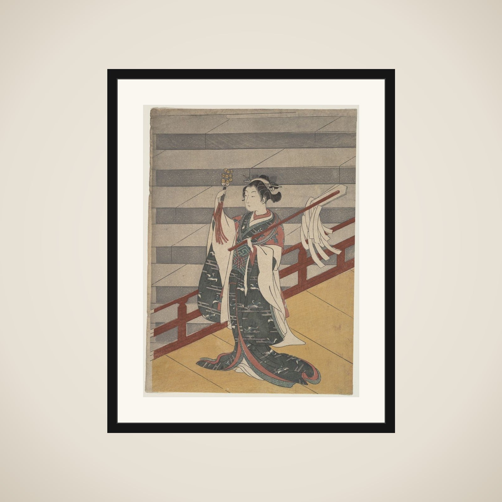 Girl on Balcony above Stone Stairway framed