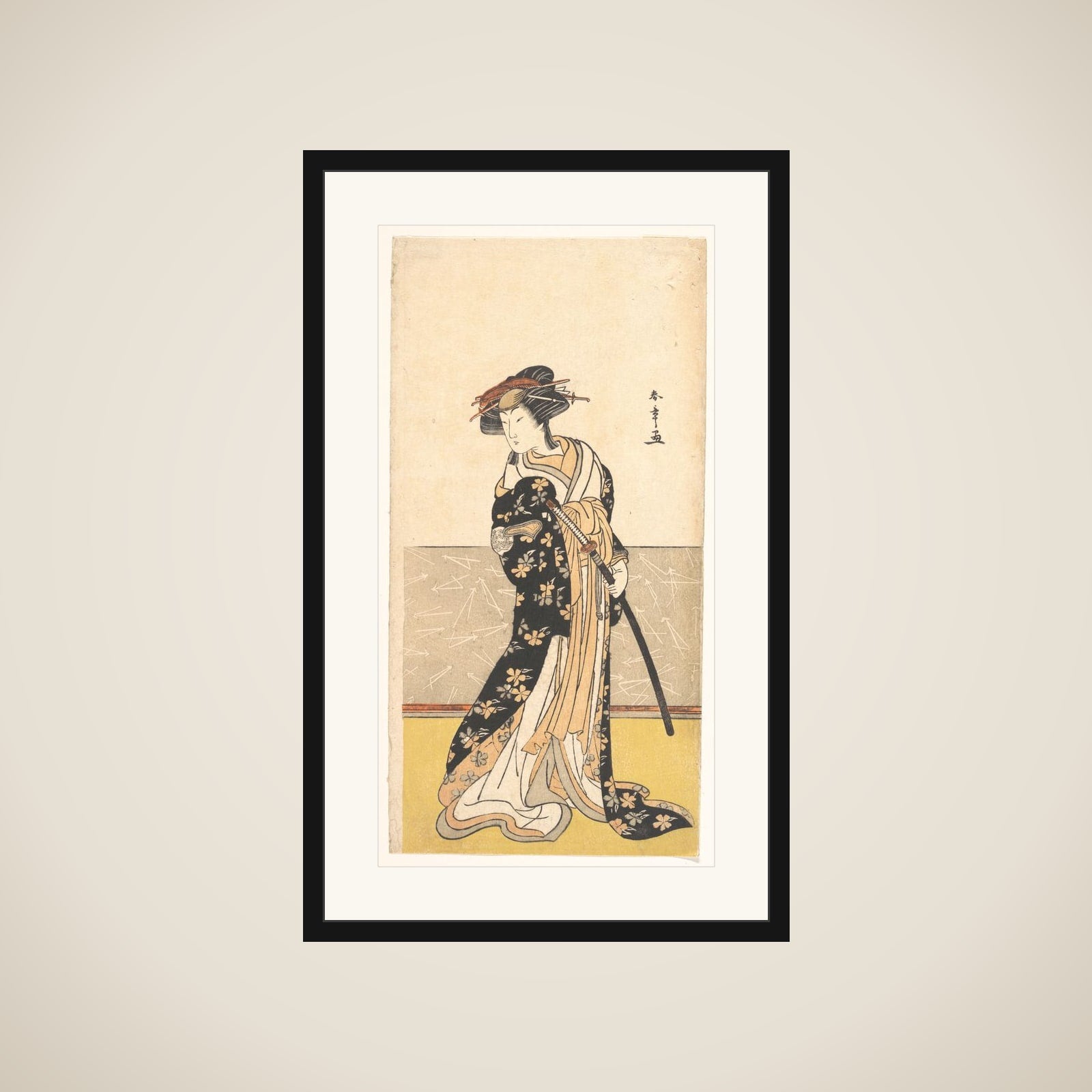 The Actor Nakamura Rikō, as a Courtesan with a Sword framed