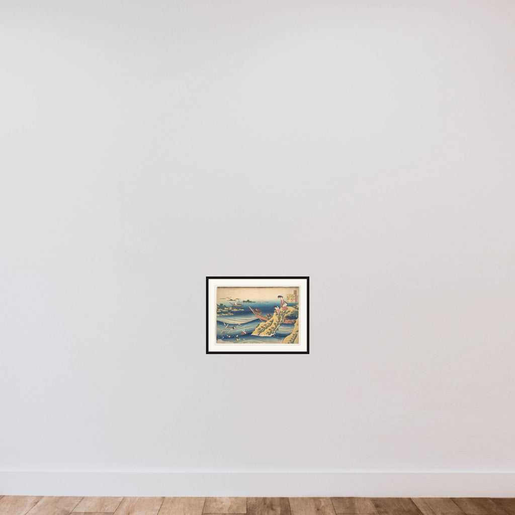 Poem by Sangi no Takamura (Ono no Takamura), from the series One Hundred Poems Explained by the Nurse (Hyakunin isshu uba ga etoki) framed — shown to scale