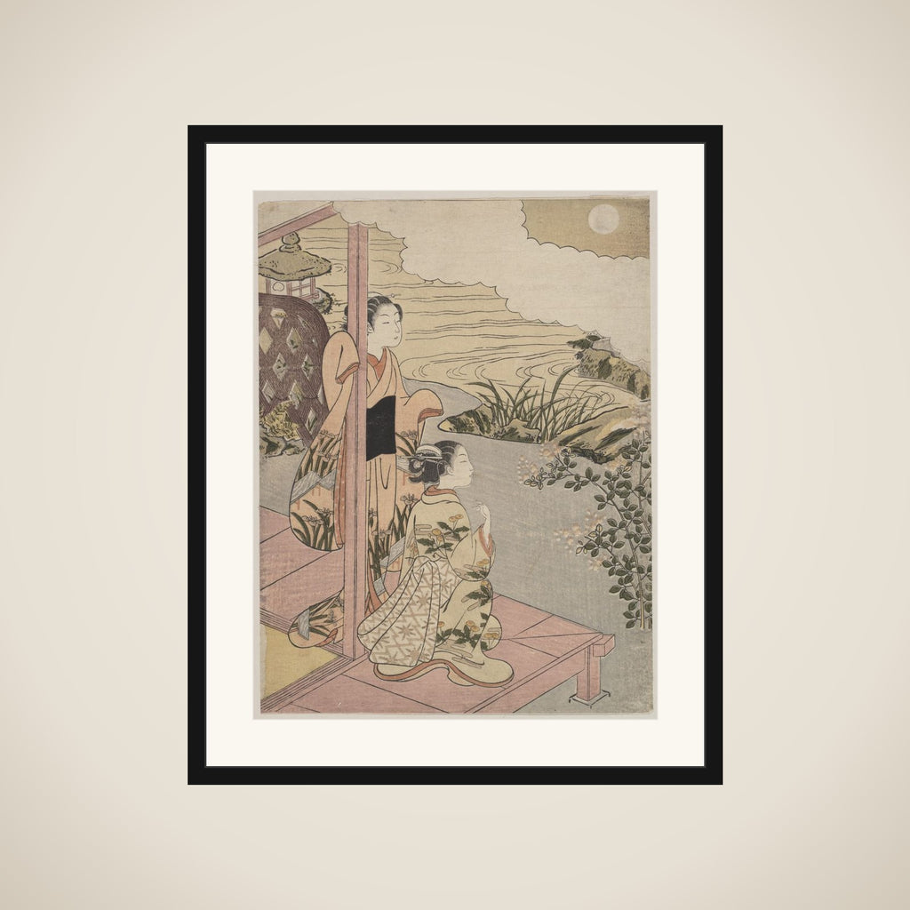 Two Girls on a Veranda beside a Stream with the Moon framed