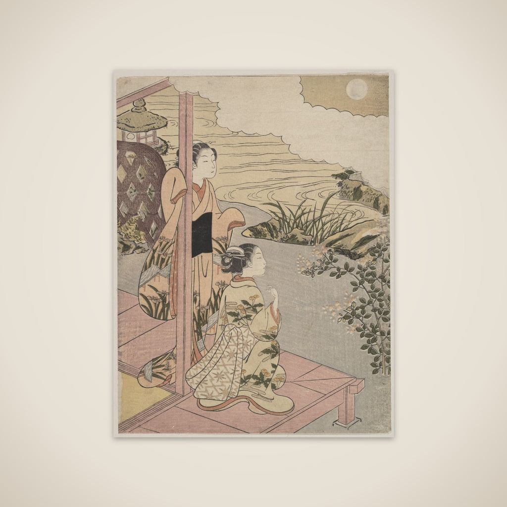 Two Girls on a Veranda beside a Stream with the Moon unframed print