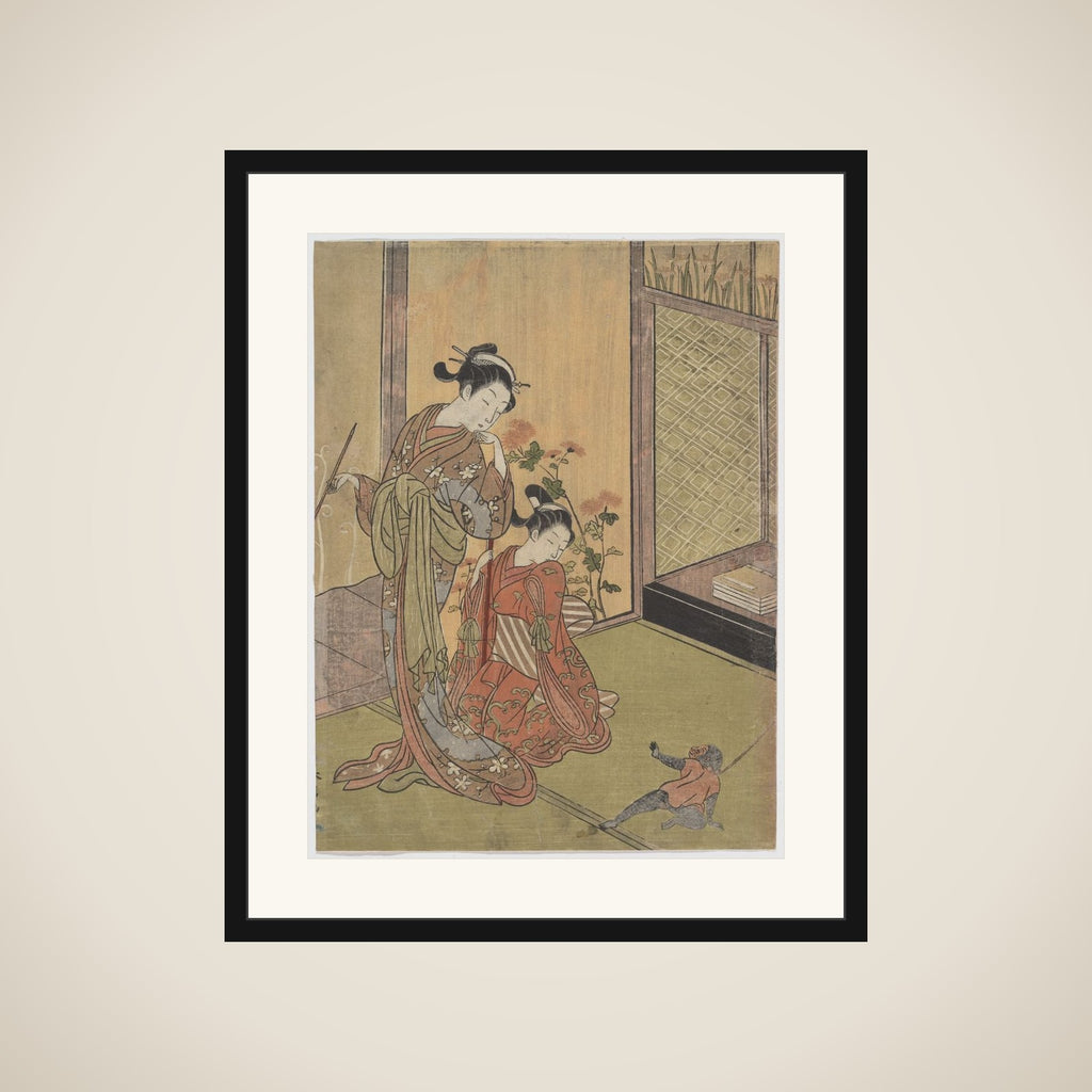 Two Girls Looking at a Monkey on a Leash framed