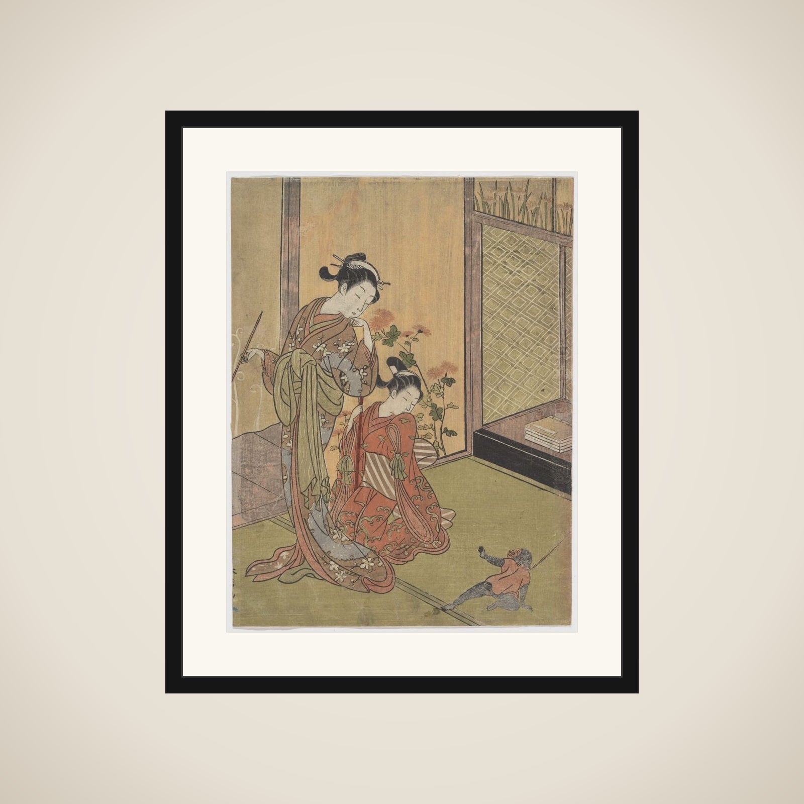 Two Girls Looking at a Monkey on a Leash framed