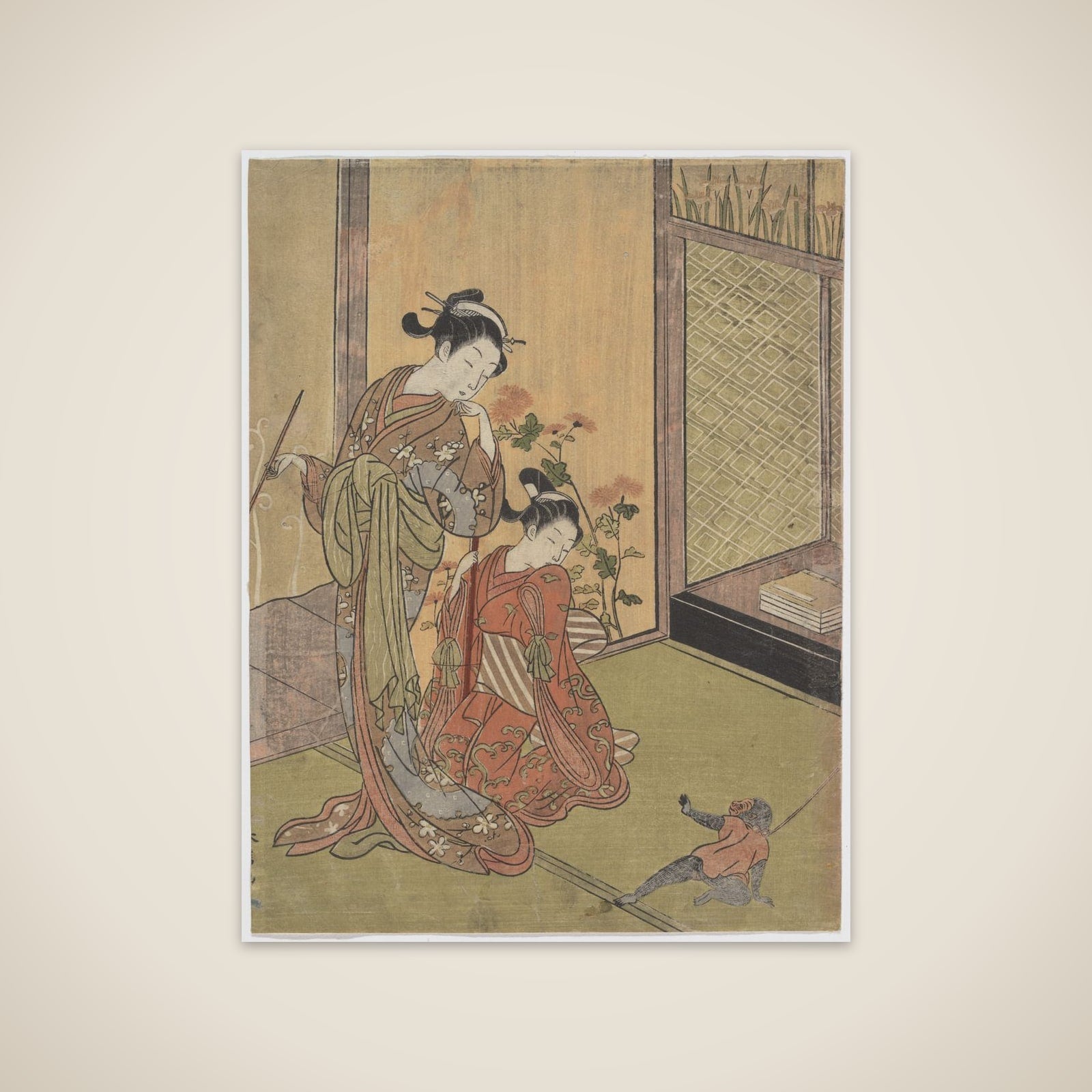 Two Girls Looking at a Monkey on a Leash unframed print
