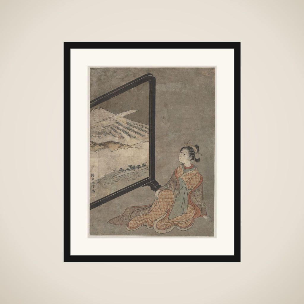 Young Woman with a Pipe in Her Hand Gazing at Landscape Painted on a Screen framed