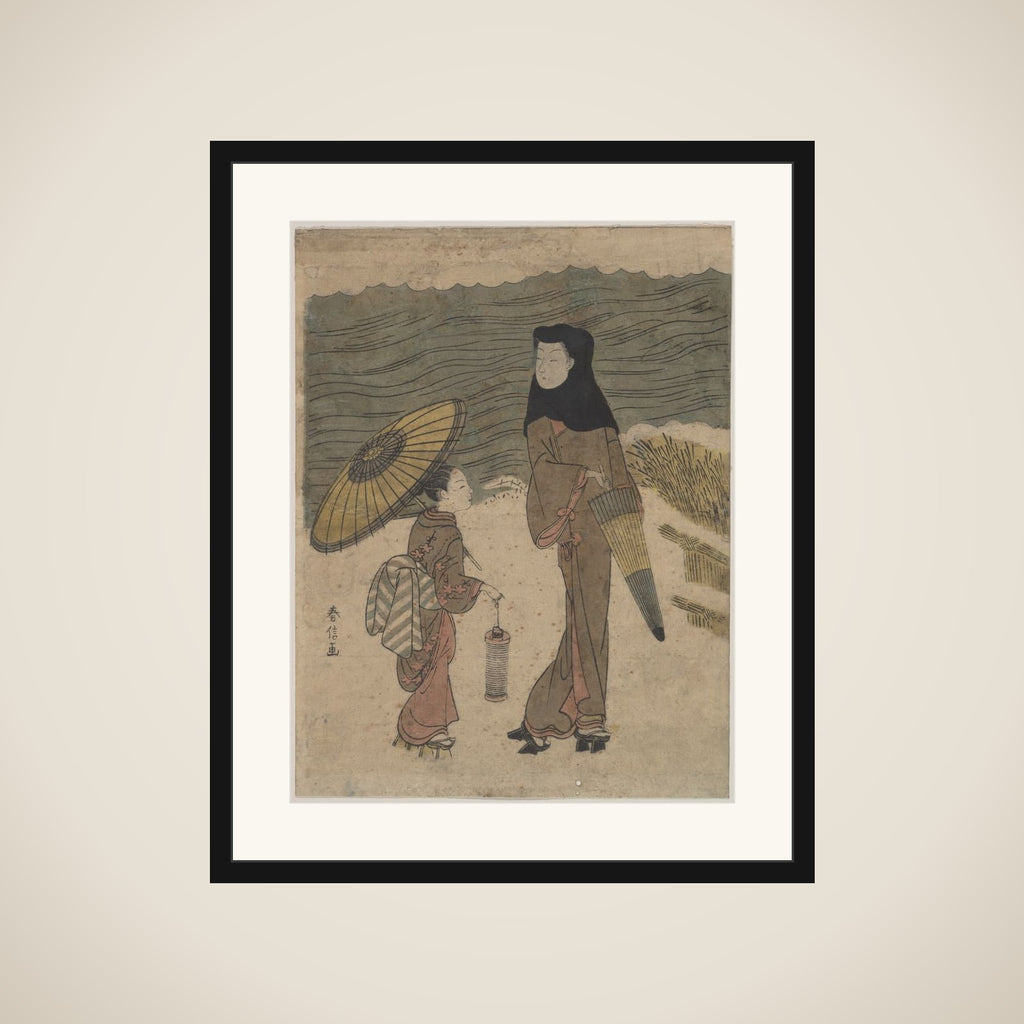 Lady with Black Hood and Umbrella Out Walking with Young Attendant framed