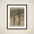 Lady with Black Hood and Umbrella Out Walking with Young Attendant framed