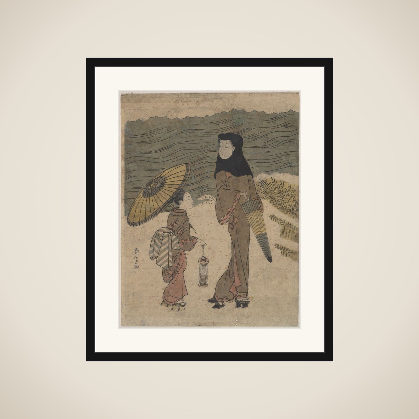 Lady with Black Hood and Umbrella Out Walking with Young Attendant framed