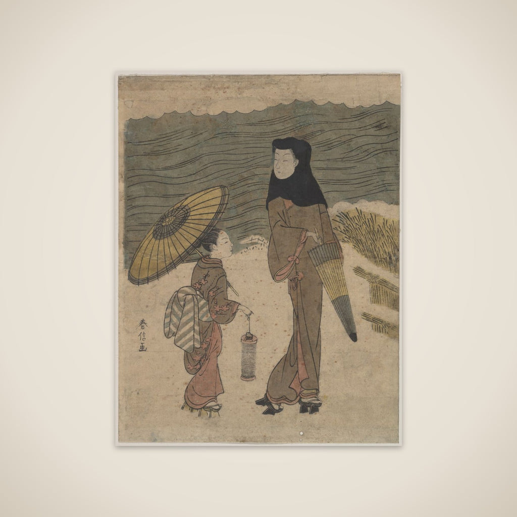Lady with Black Hood and Umbrella Out Walking with Young Attendant unframed print