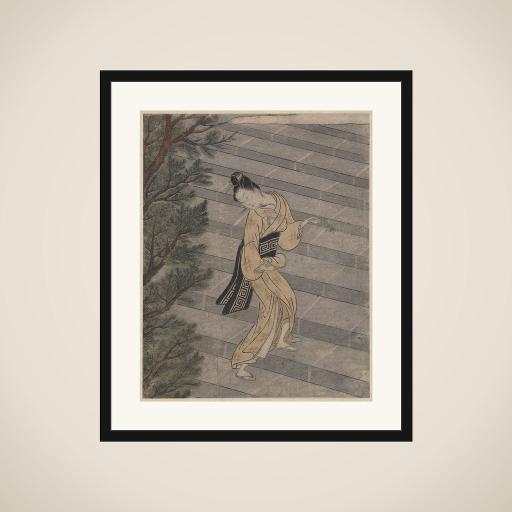 Young Woman Climbing Stone Stairs to a Shinto Temple framed