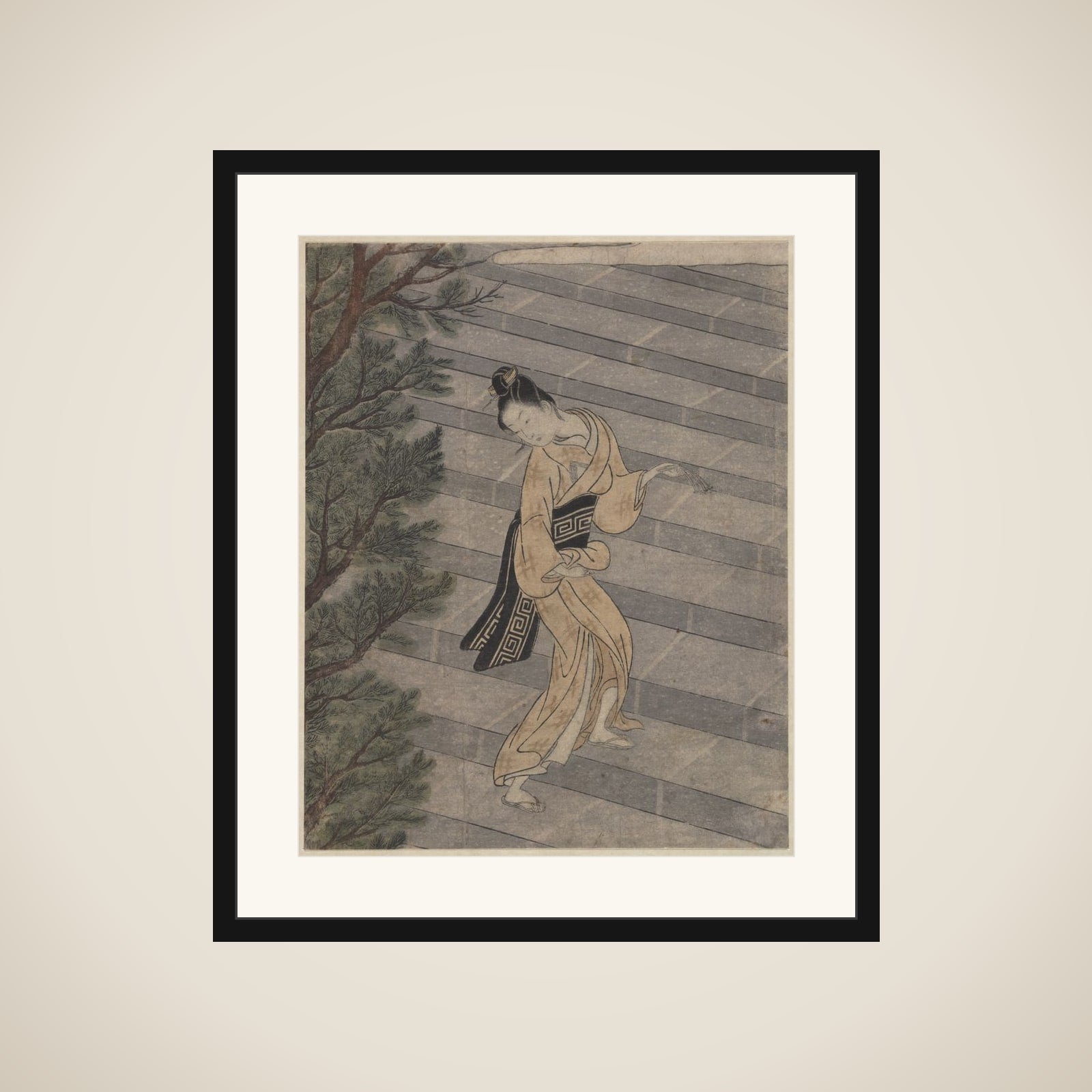 Young Woman Climbing Stone Stairs to a Shinto Temple framed